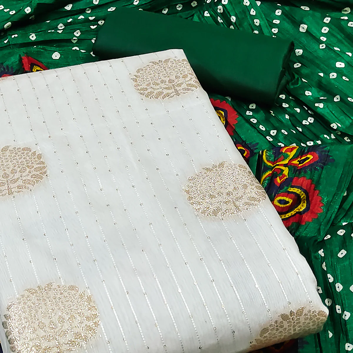 White & Green Sequins Embroidered With Woven Jacquard Dress Material - Image 2