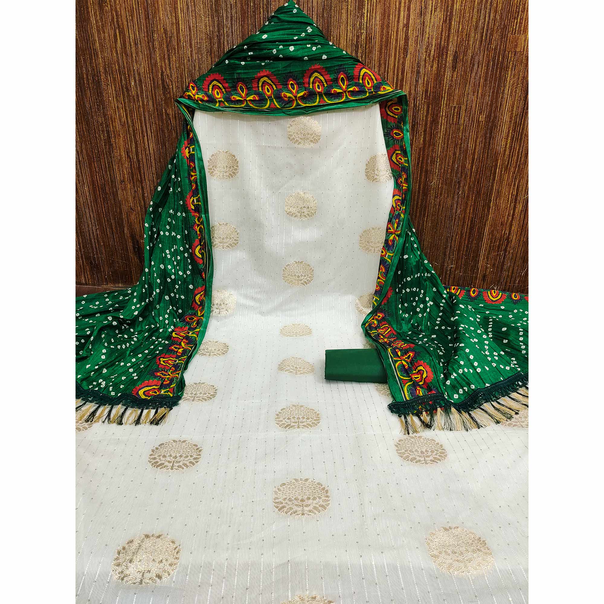 White & Green Sequins Embroidered With Woven Jacquard Dress Material - Image 3