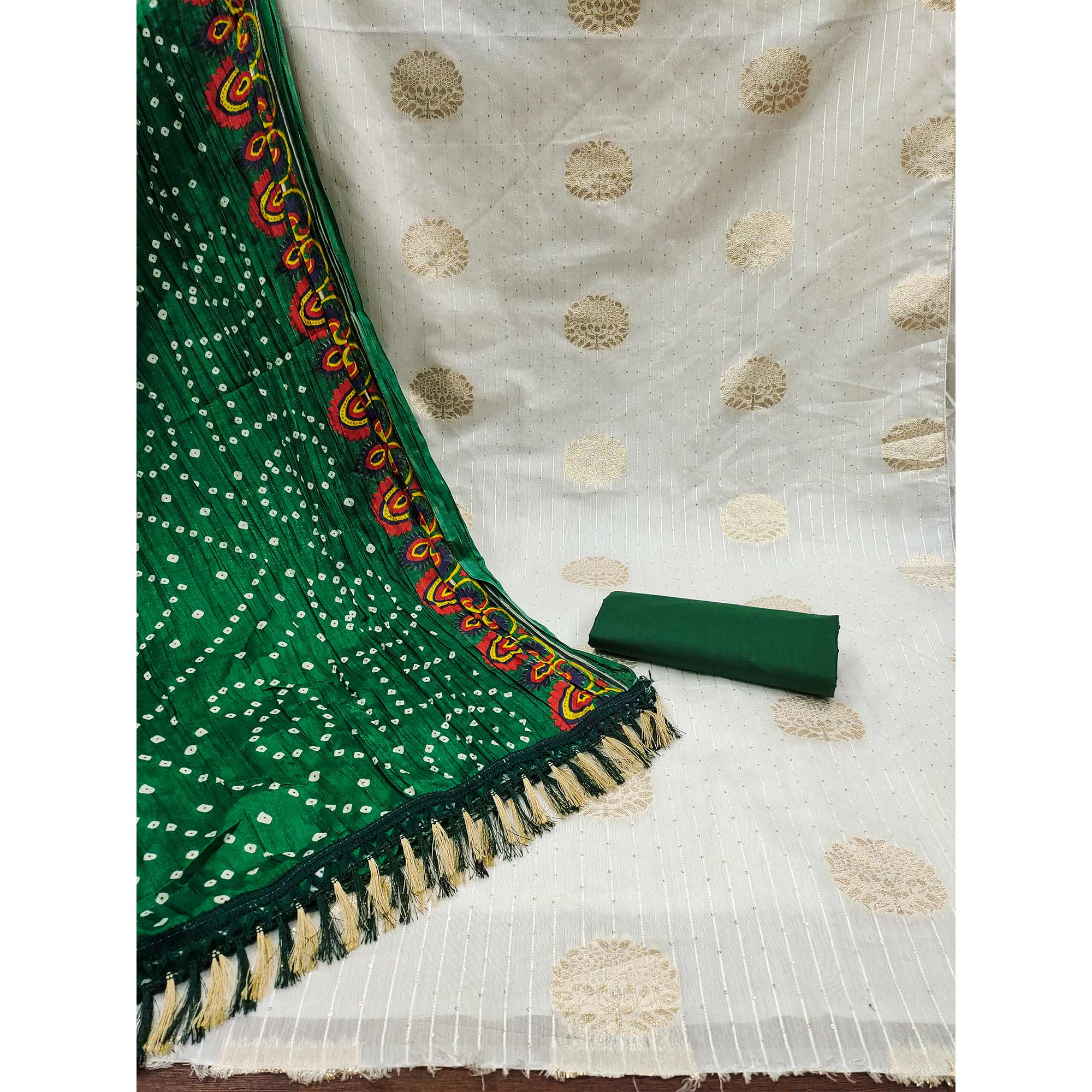 White & Green Sequins Embroidered With Woven Jacquard Dress Material - Image 4