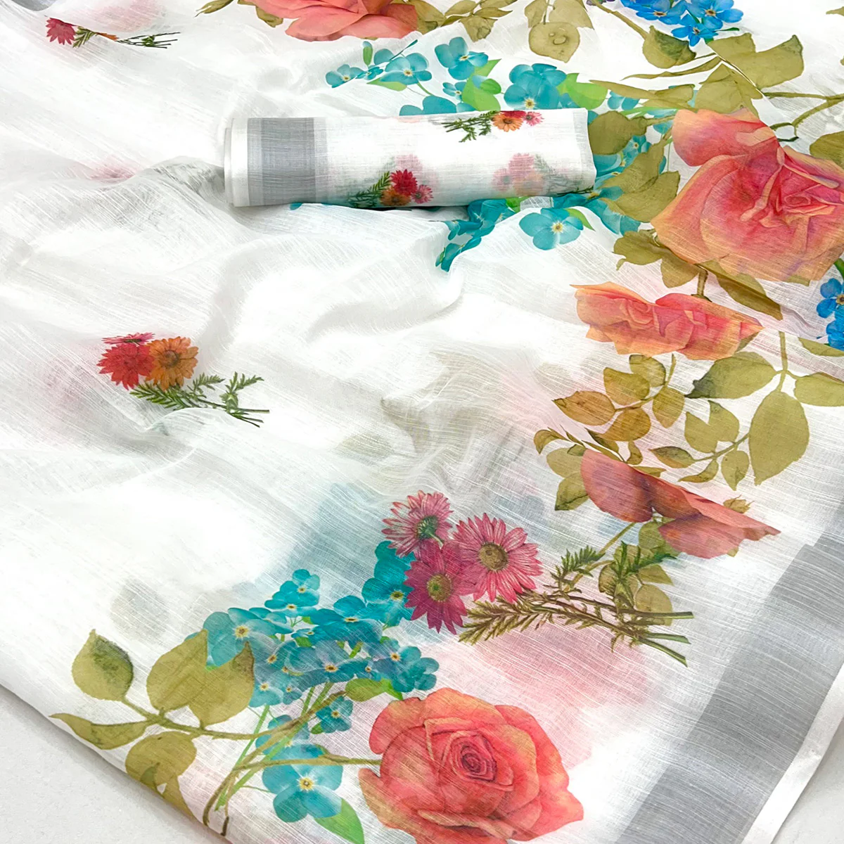 White & Grey Floral Digital Printed Linen Saree With Zari Border - Image 2