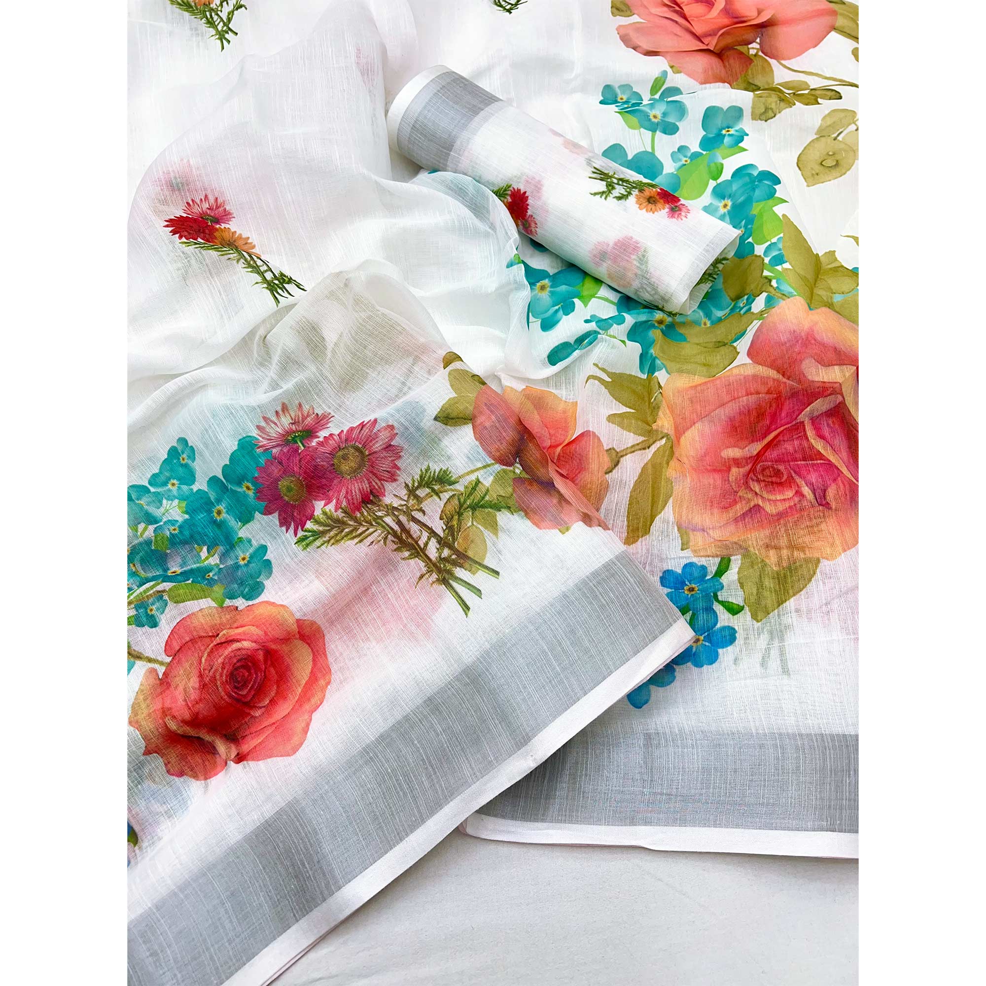 White & Grey Floral Digital Printed Linen Saree With Zari Border - Image 3