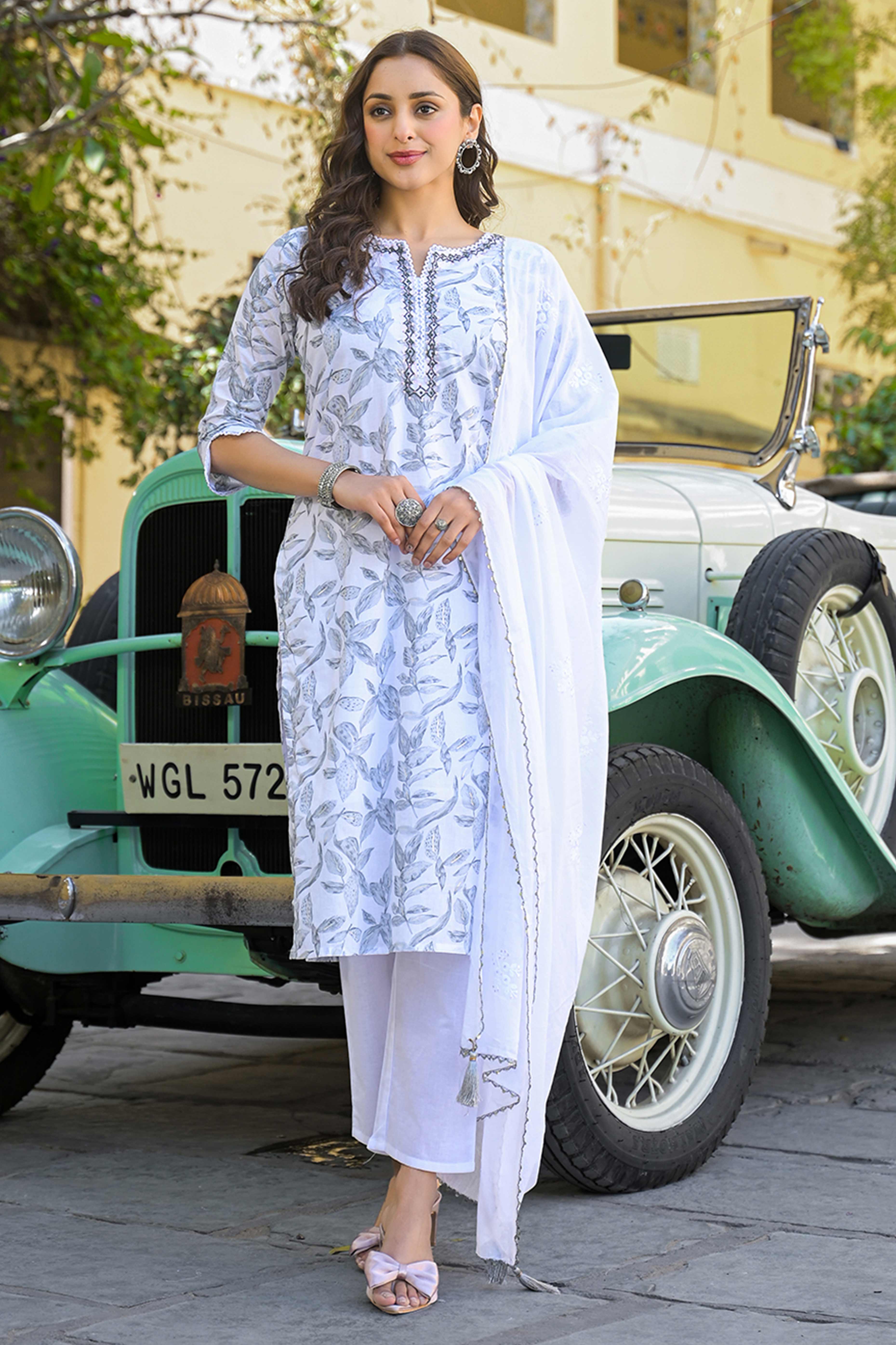 White & Grey Floral Printed Pure Cotton Straight Salwar Suit - Image 3