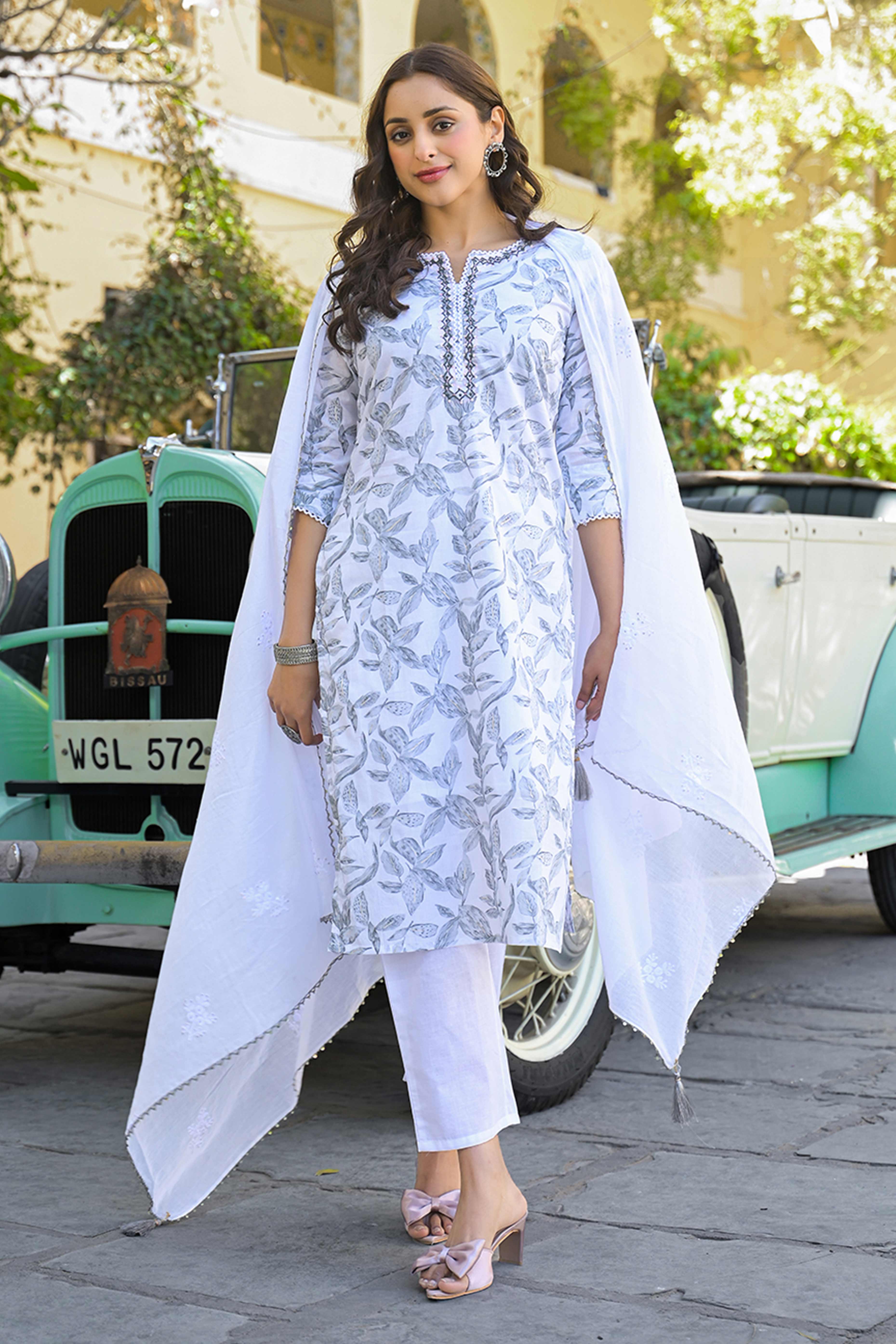 White & Grey Floral Printed Pure Cotton Straight Salwar Suit - Image 5
