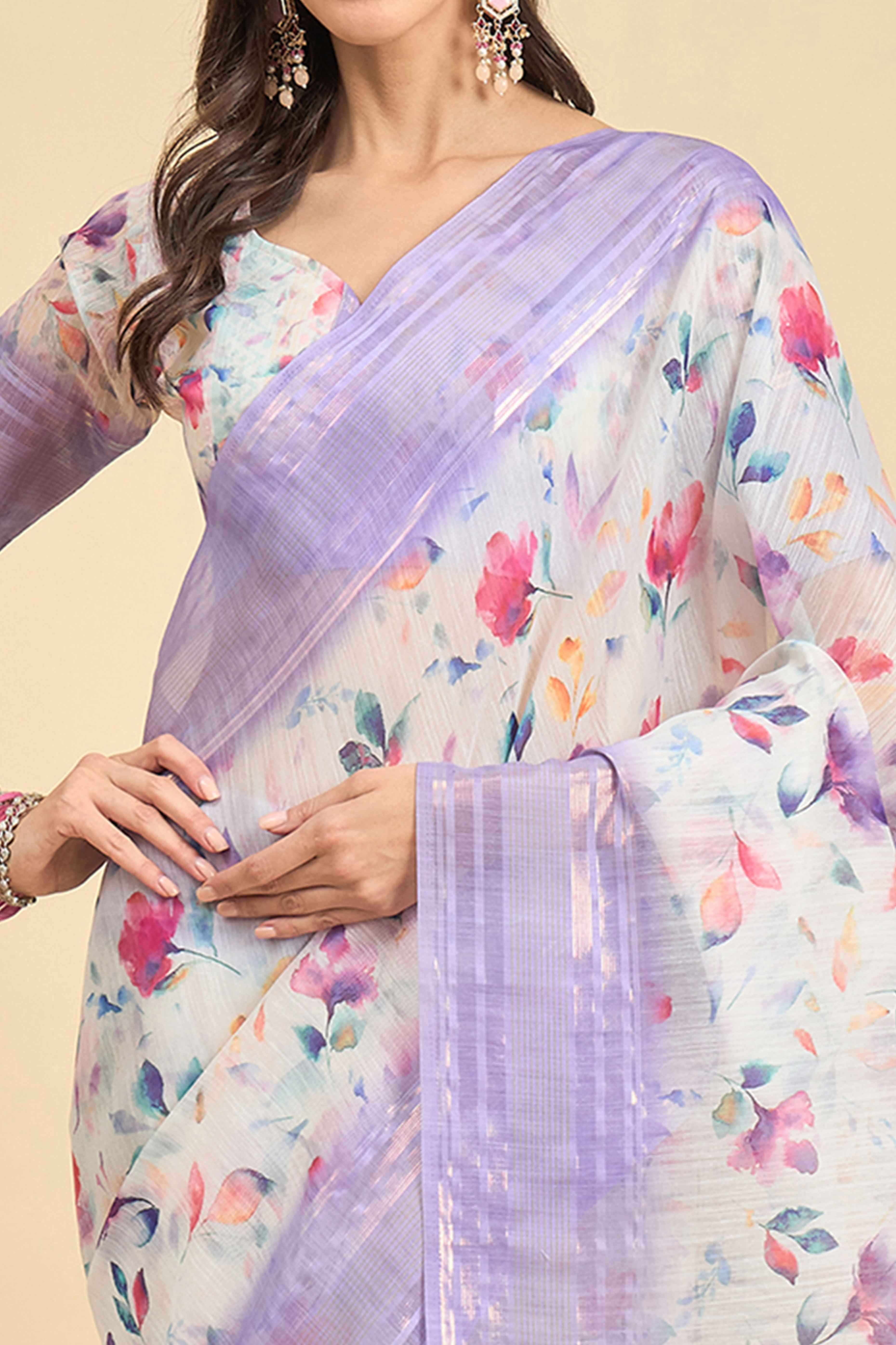 White & Lavender Floral Printed Soft Linen Saree - Image 2