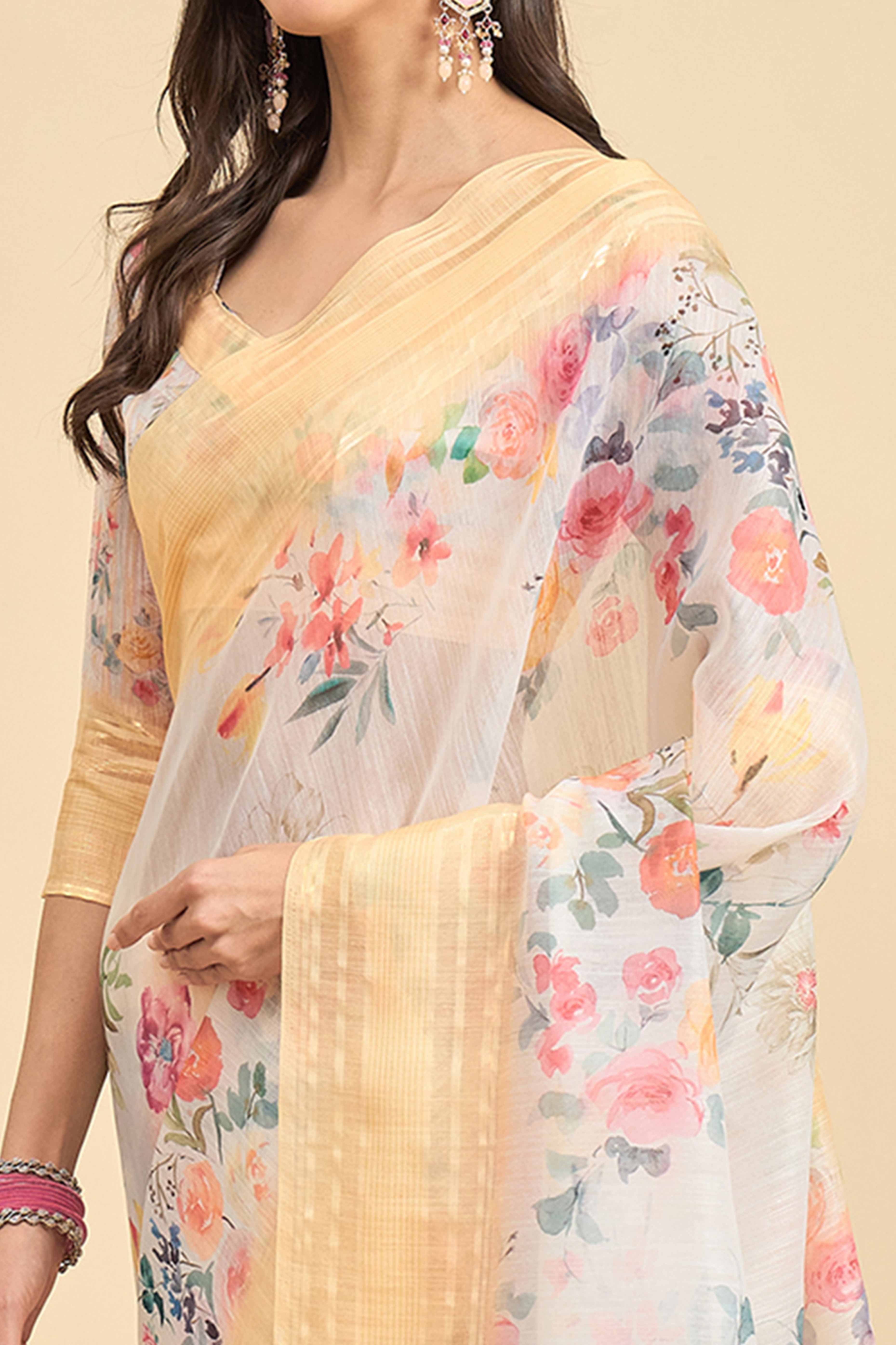 White & Light Yellow Floral Printed Soft Linen Saree - Image 2