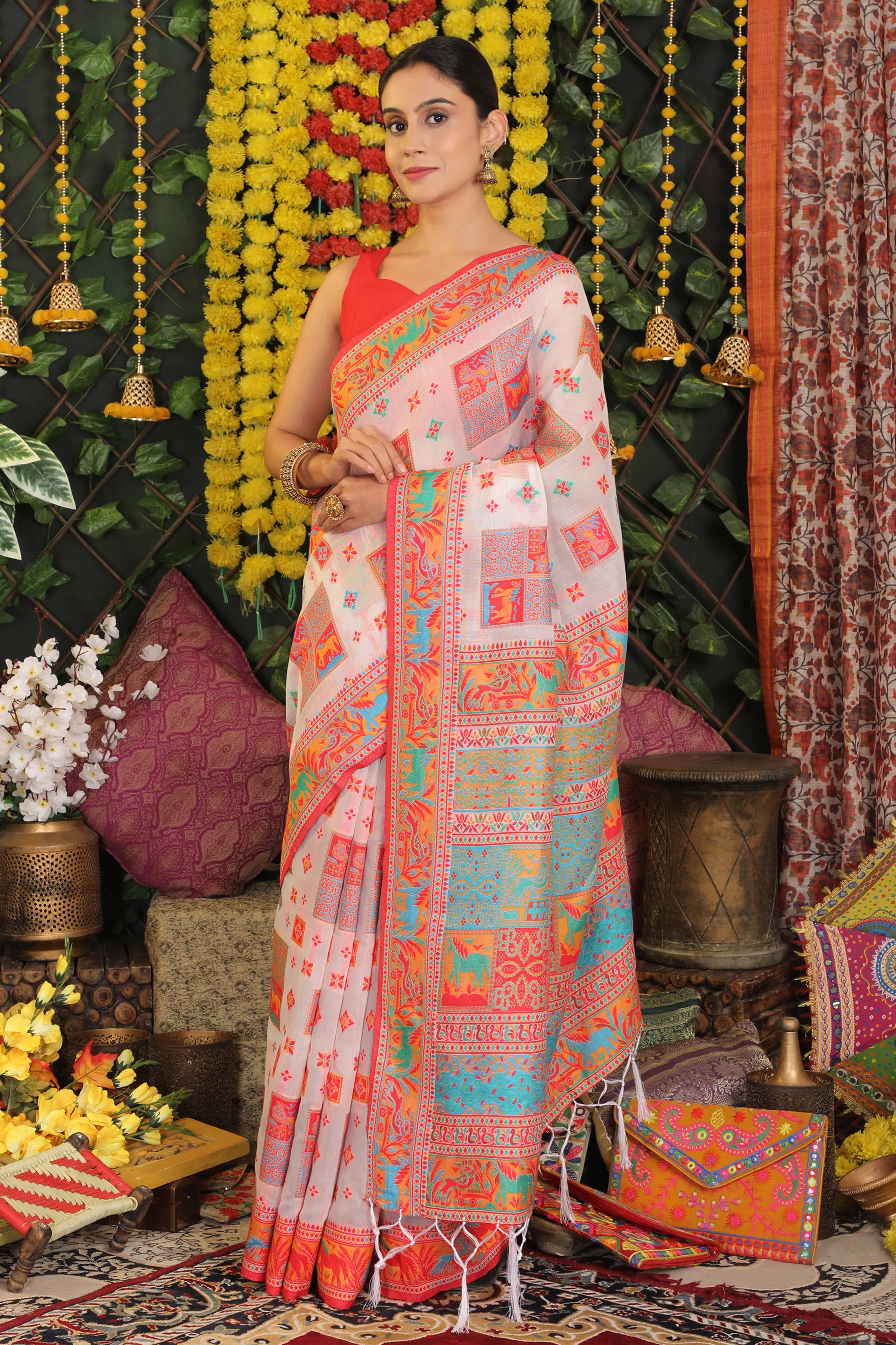 White Linen Cotton Saree Adorned With Floral Zari Weaving & Tassel Pallu - Image 3