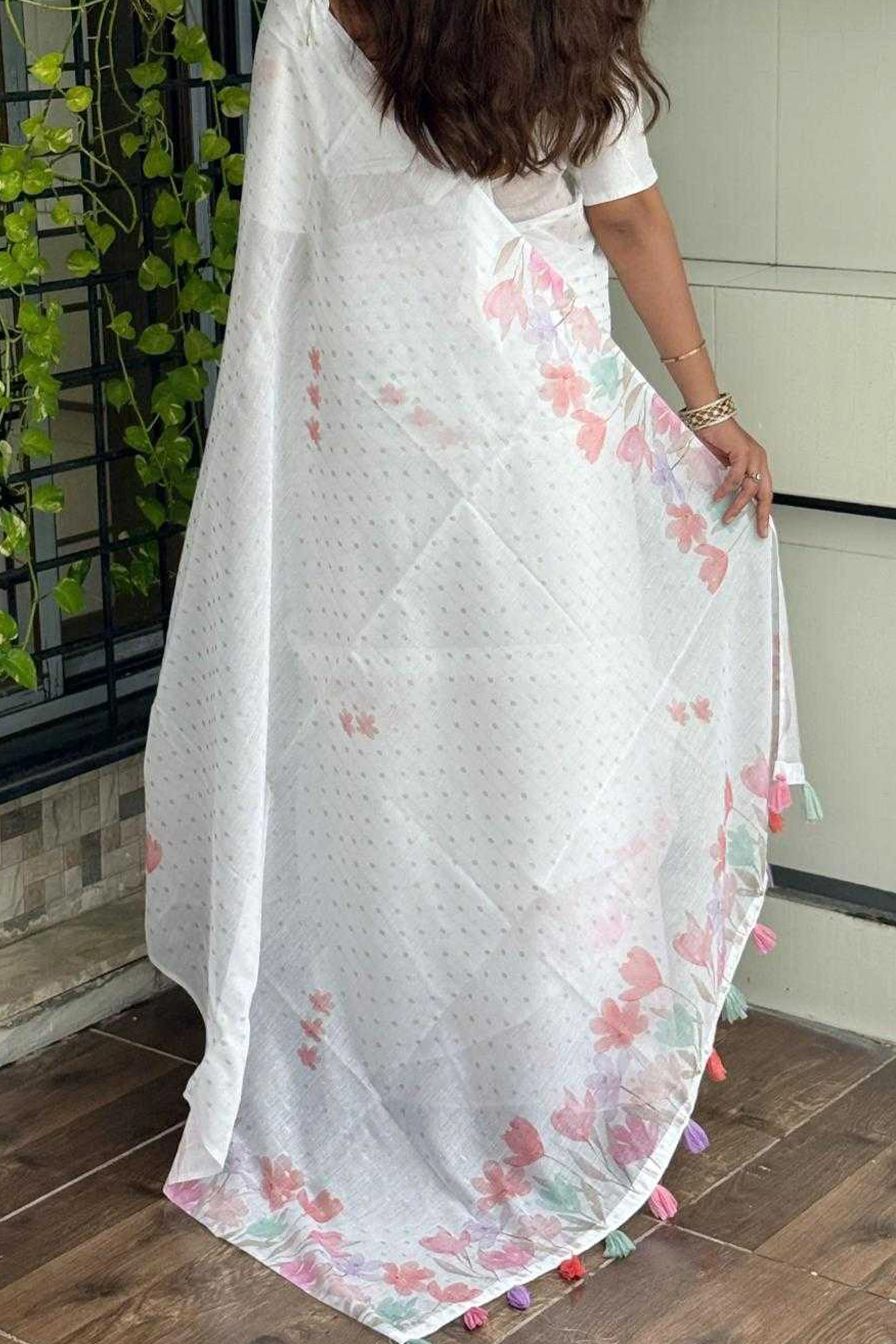 White Linen Cotton Saree with Beautiful and Vibrant Digital Printed Designs - Image 6