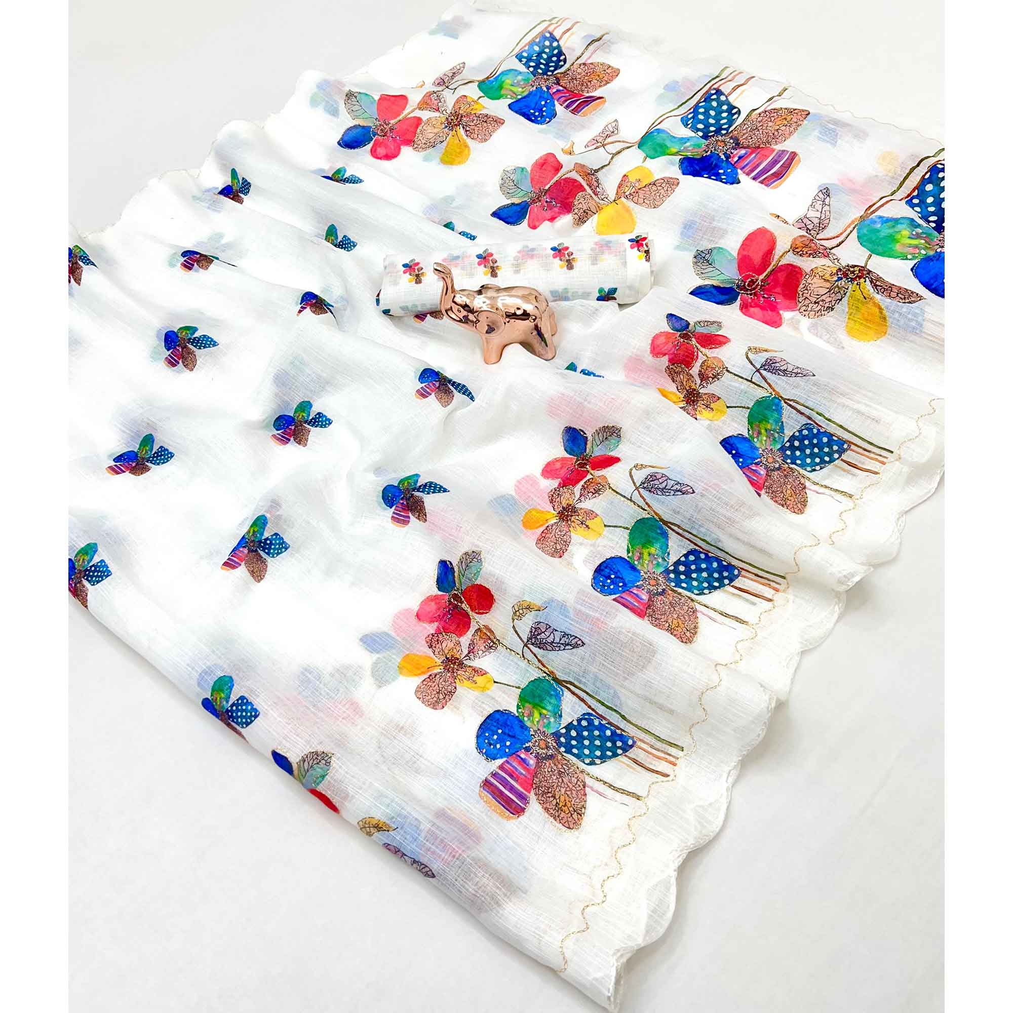 White Linen Saree Featuring Floral Digital Print With Zari Outline & Cutwork Border - Image 3
