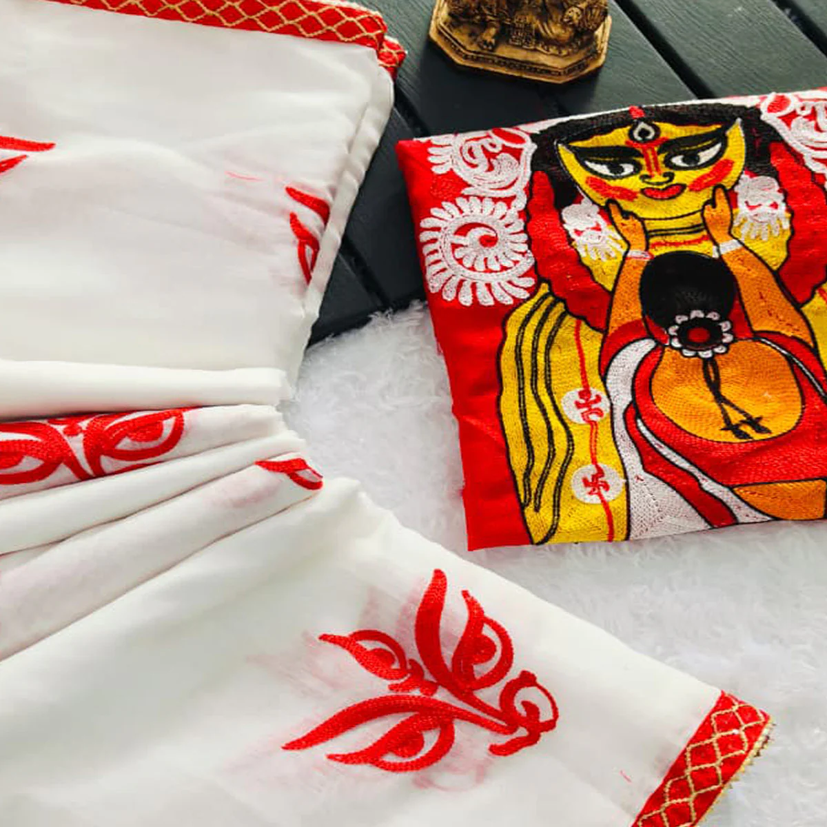 White Linen Saree with Exquisite Heavy Embroidery for Durga Puja Look - Image 2