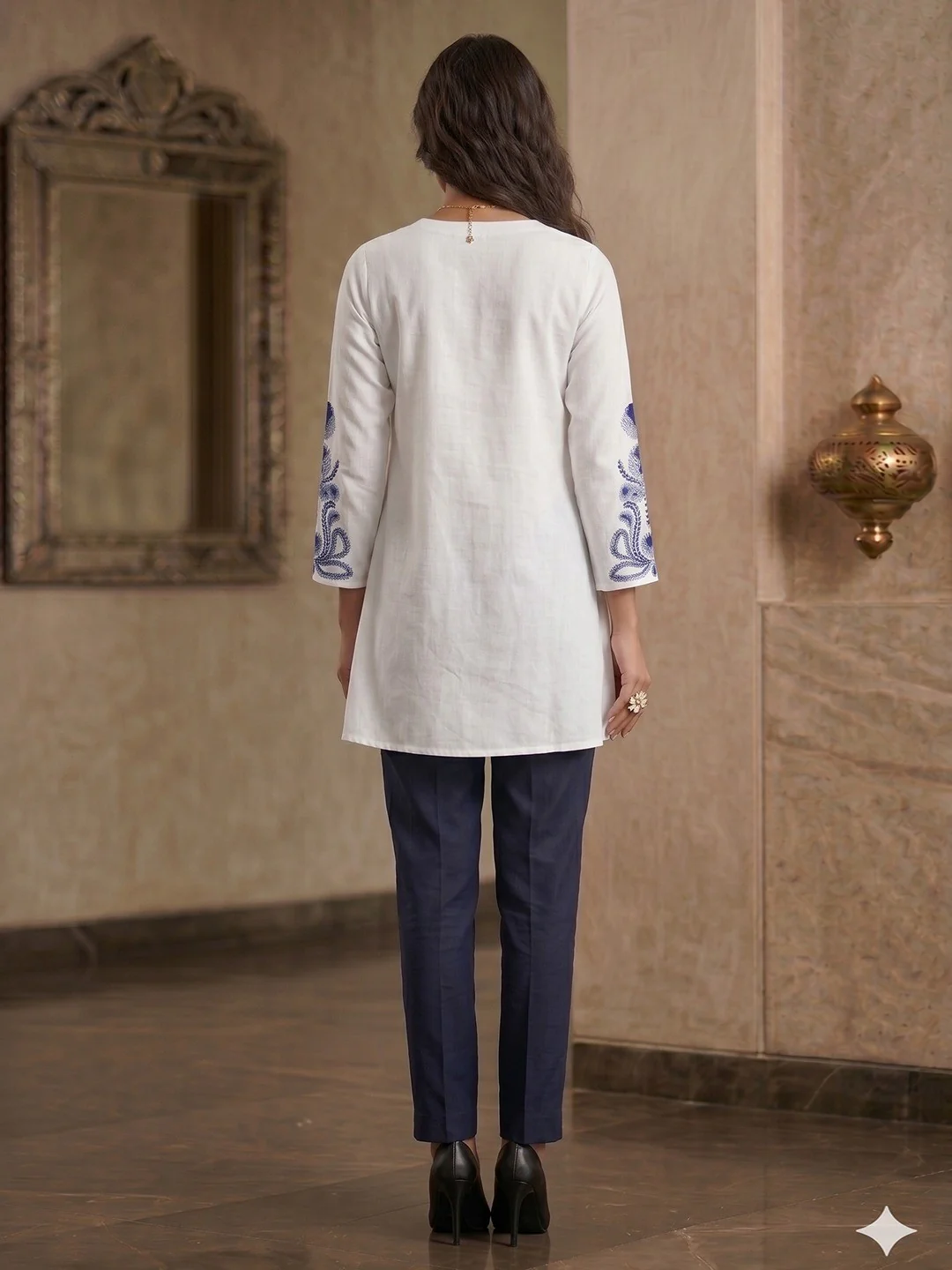 White Linen Thread Work Top Bottom Set Modern Minimal Ethnic Style - Image 3