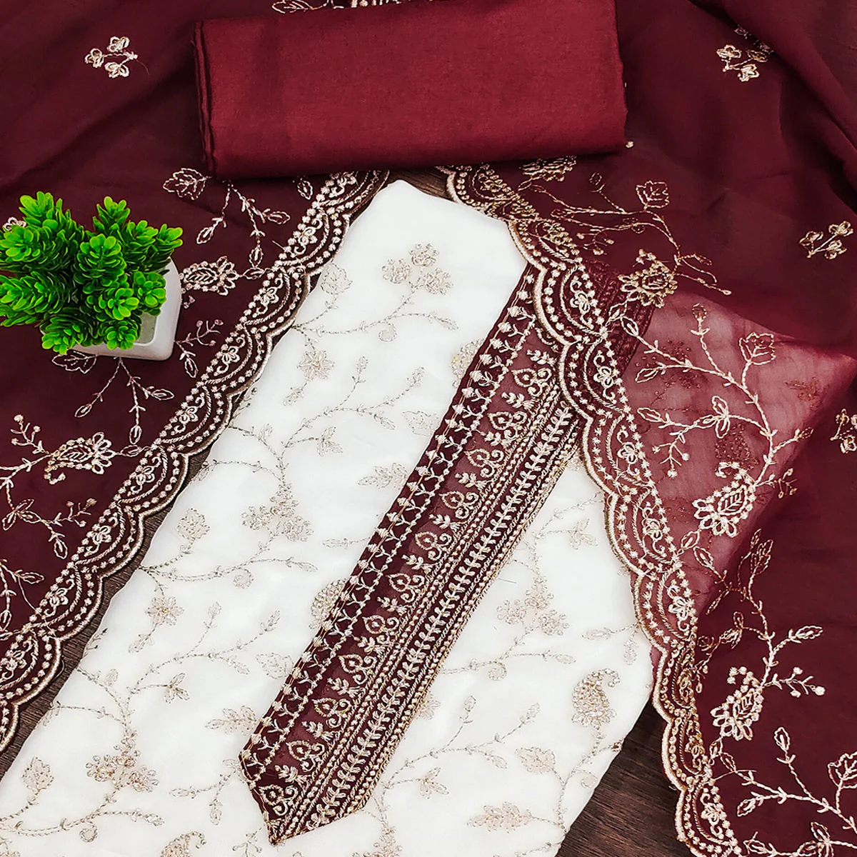 White & Maroon Georgette Dress Material Showcasing Elegant Floral Thread Embroidery Work - Image 2
