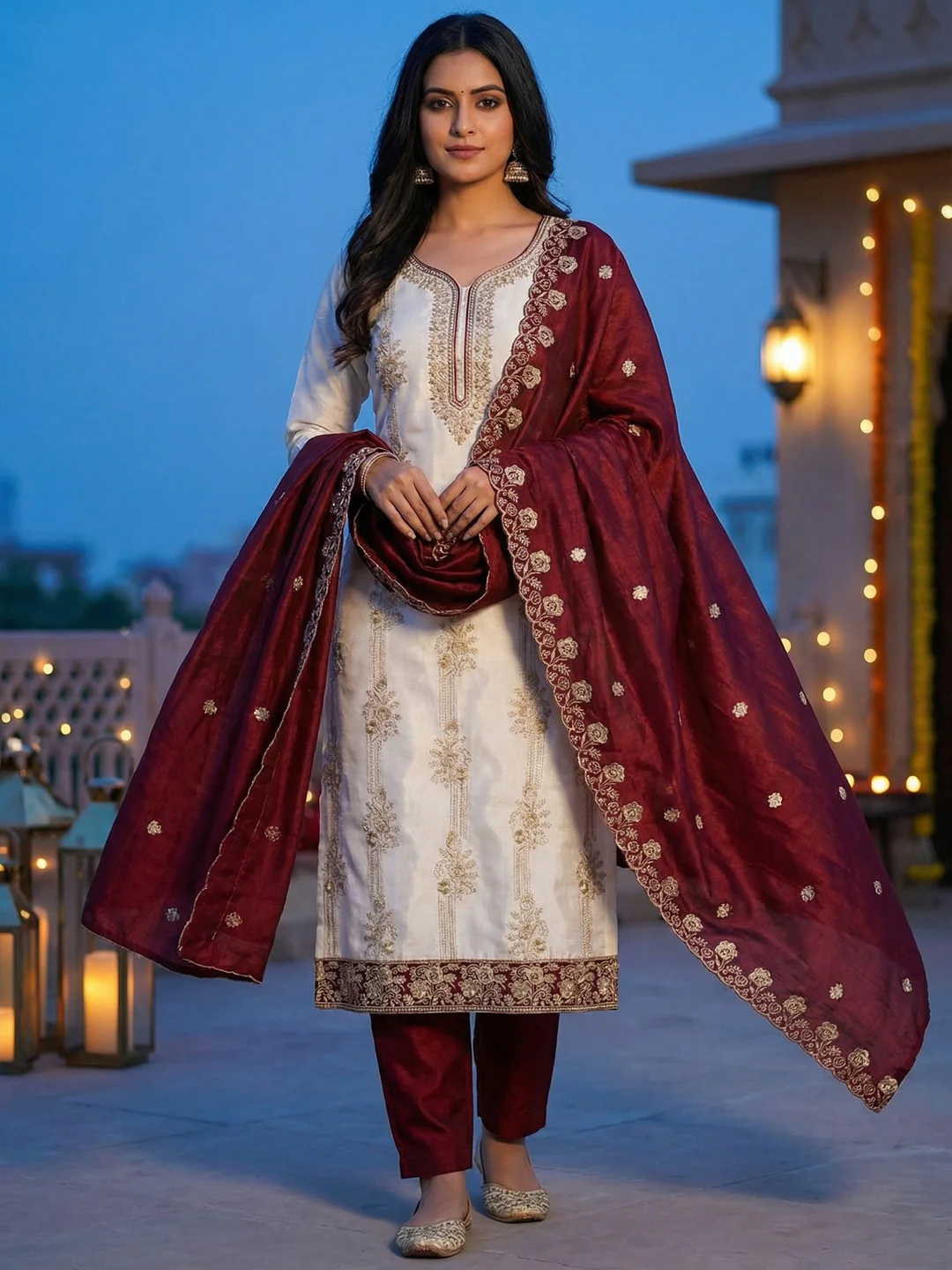 White & Maroon Vichitra Silk Dress Material with Fine Embroidery