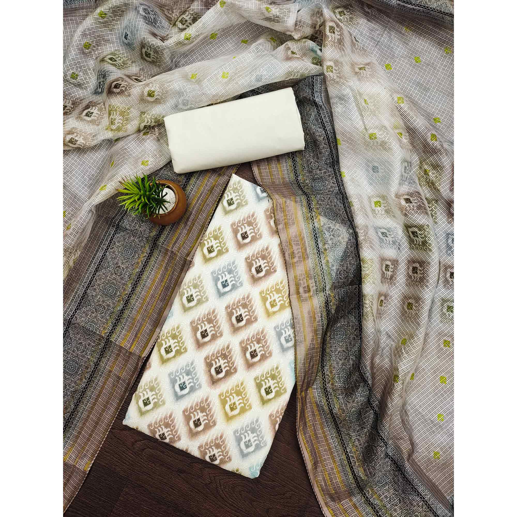White & Matte Beige Dress Material In Cotton Blend With Delicate Digital Print & Sifli Embroidery Work - Image 3