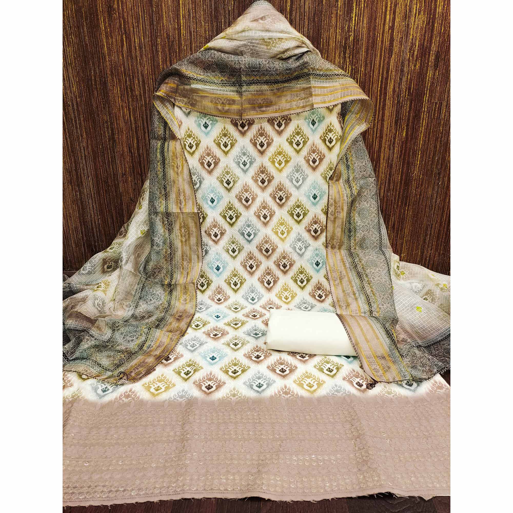 White & Matte Beige Dress Material In Cotton Blend With Delicate Digital Print & Sifli Embroidery Work - Image 4