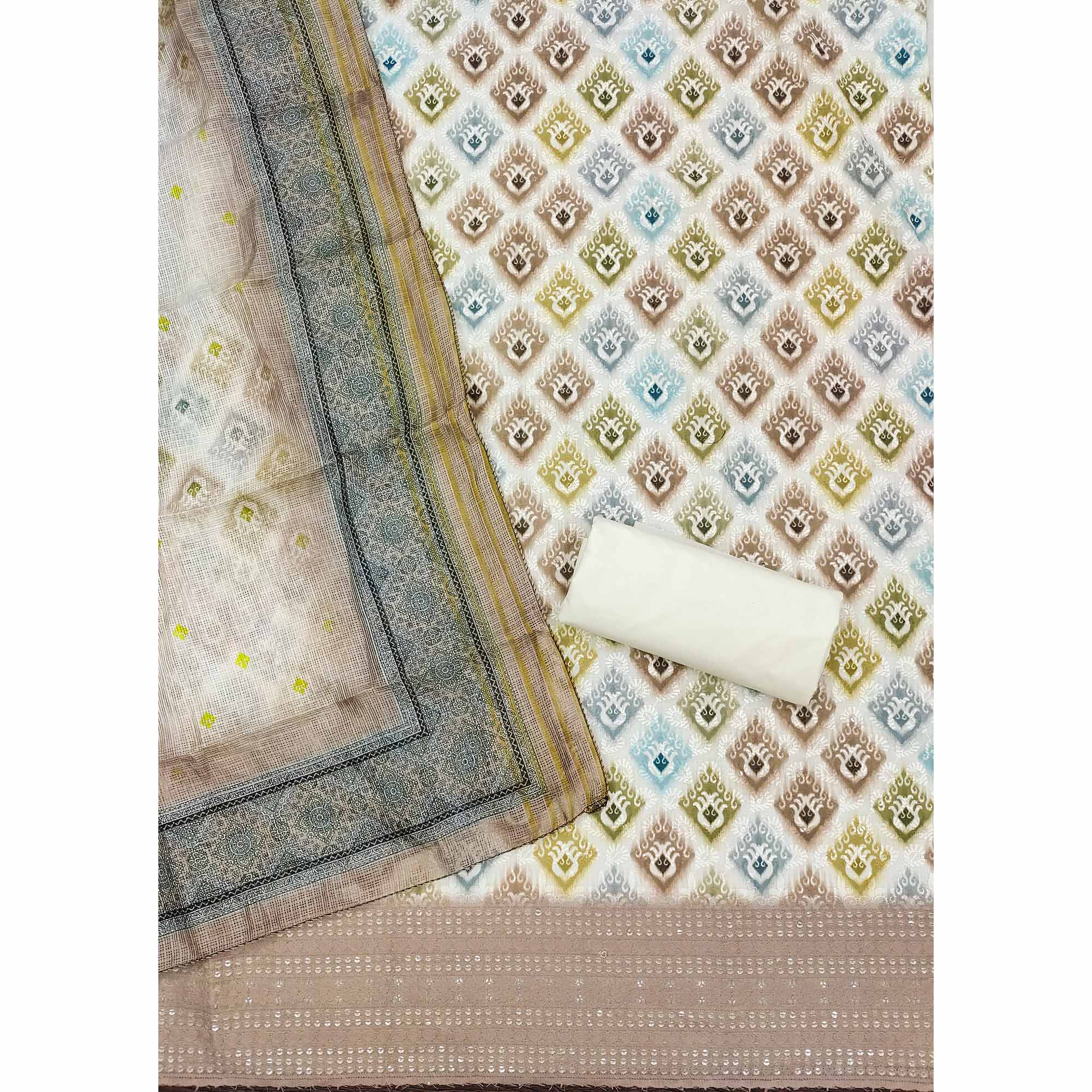 White & Matte Beige Dress Material In Cotton Blend With Delicate Digital Print & Sifli Embroidery Work - Image 5