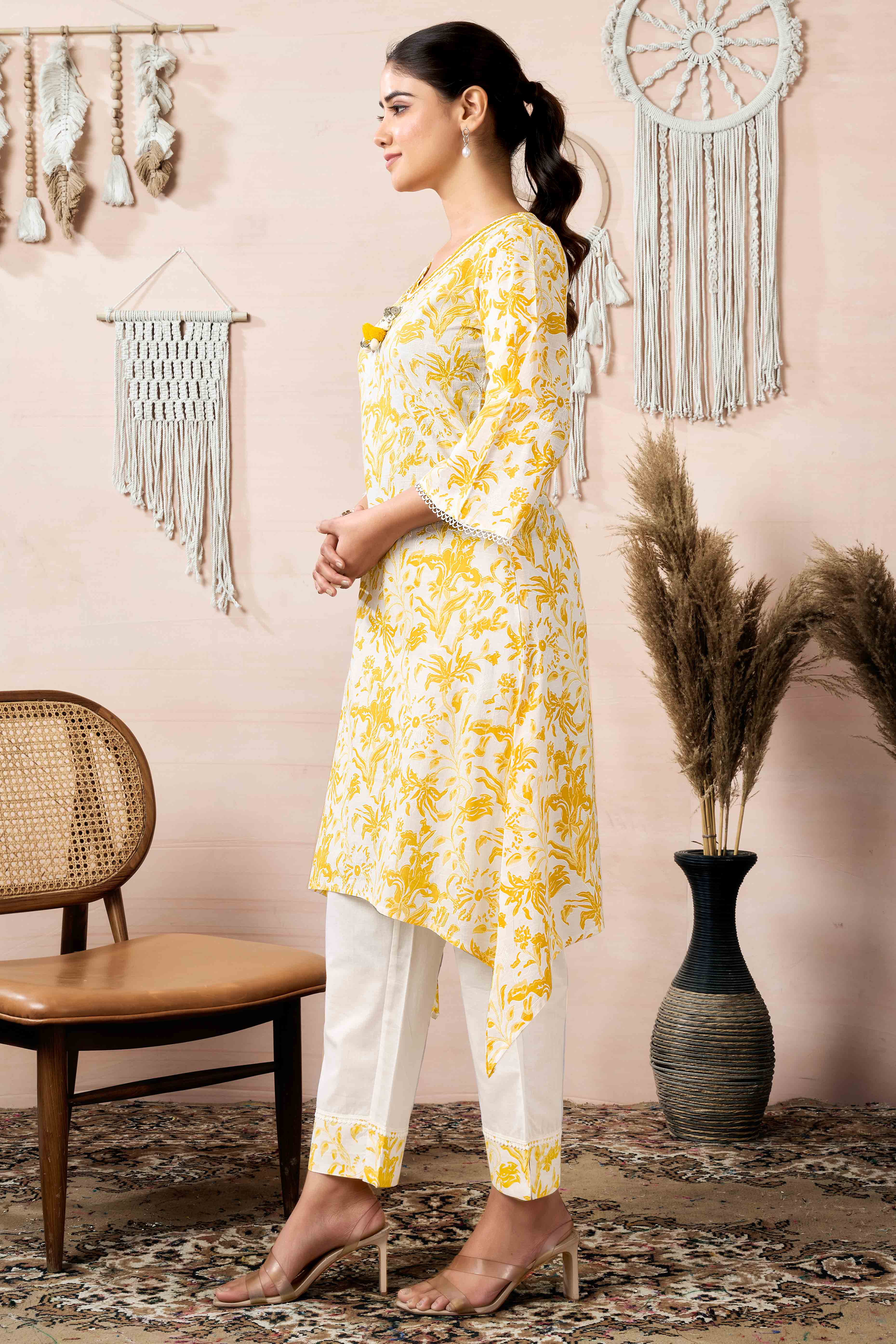 White & Mustard Floral Printed Pure Cotton A-Line Top Bottom Set - Image 3