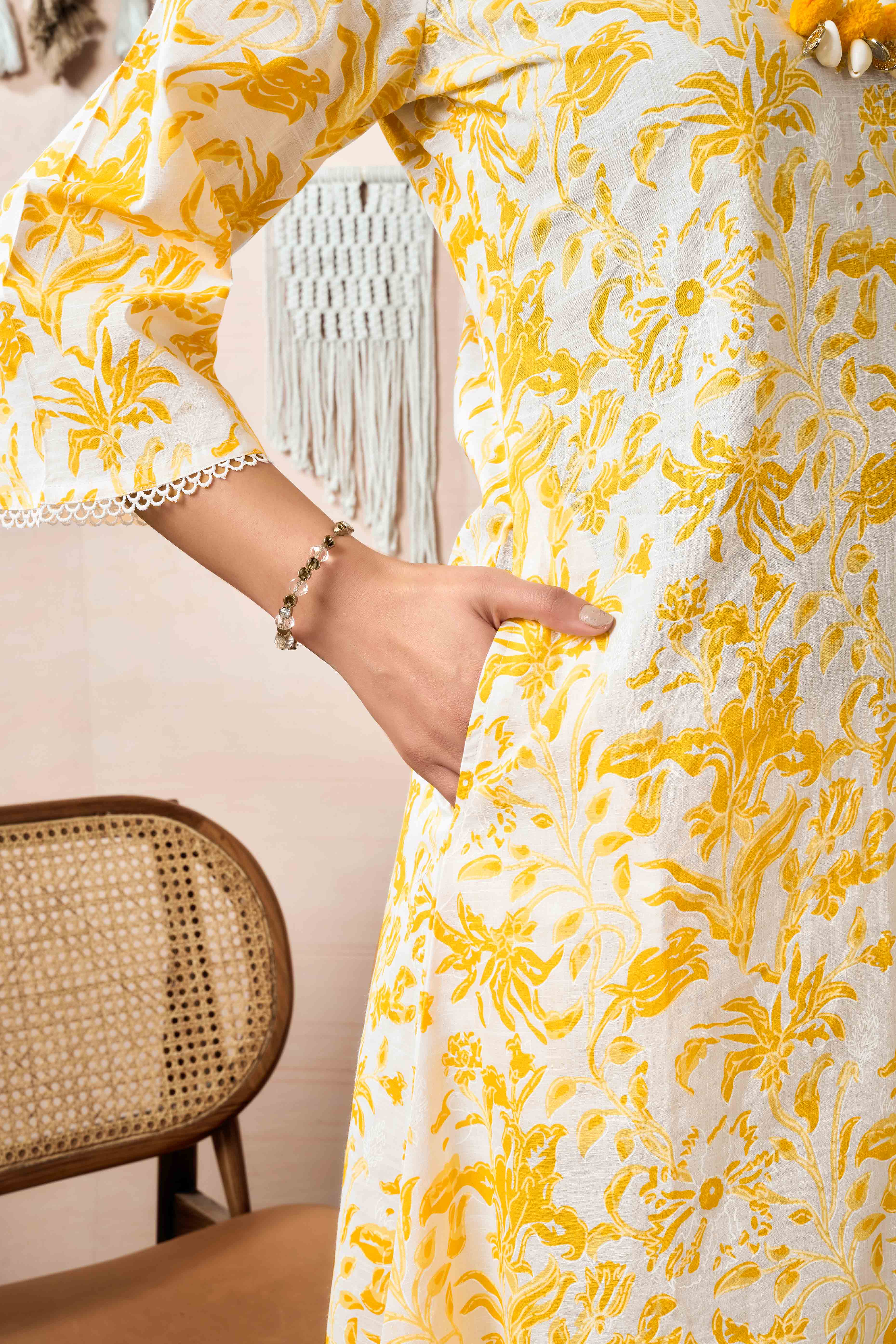 White & Mustard Floral Printed Pure Cotton A-Line Top Bottom Set - Image 7