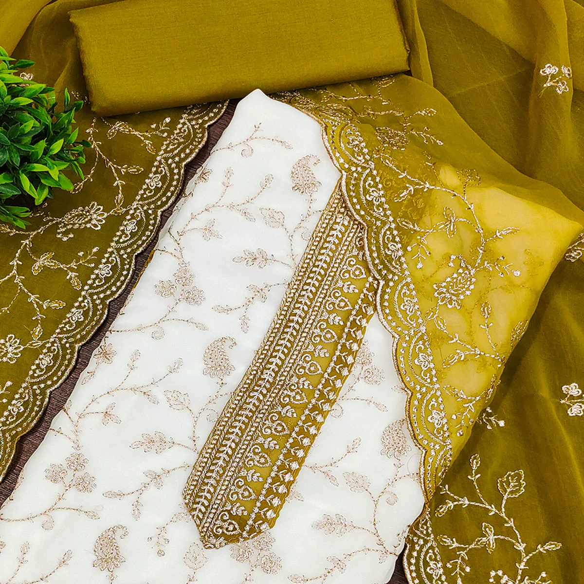 White & Mustard Georgette Dress Material Showcasing Elegant Floral Thread Embroidery Work - Image 2
