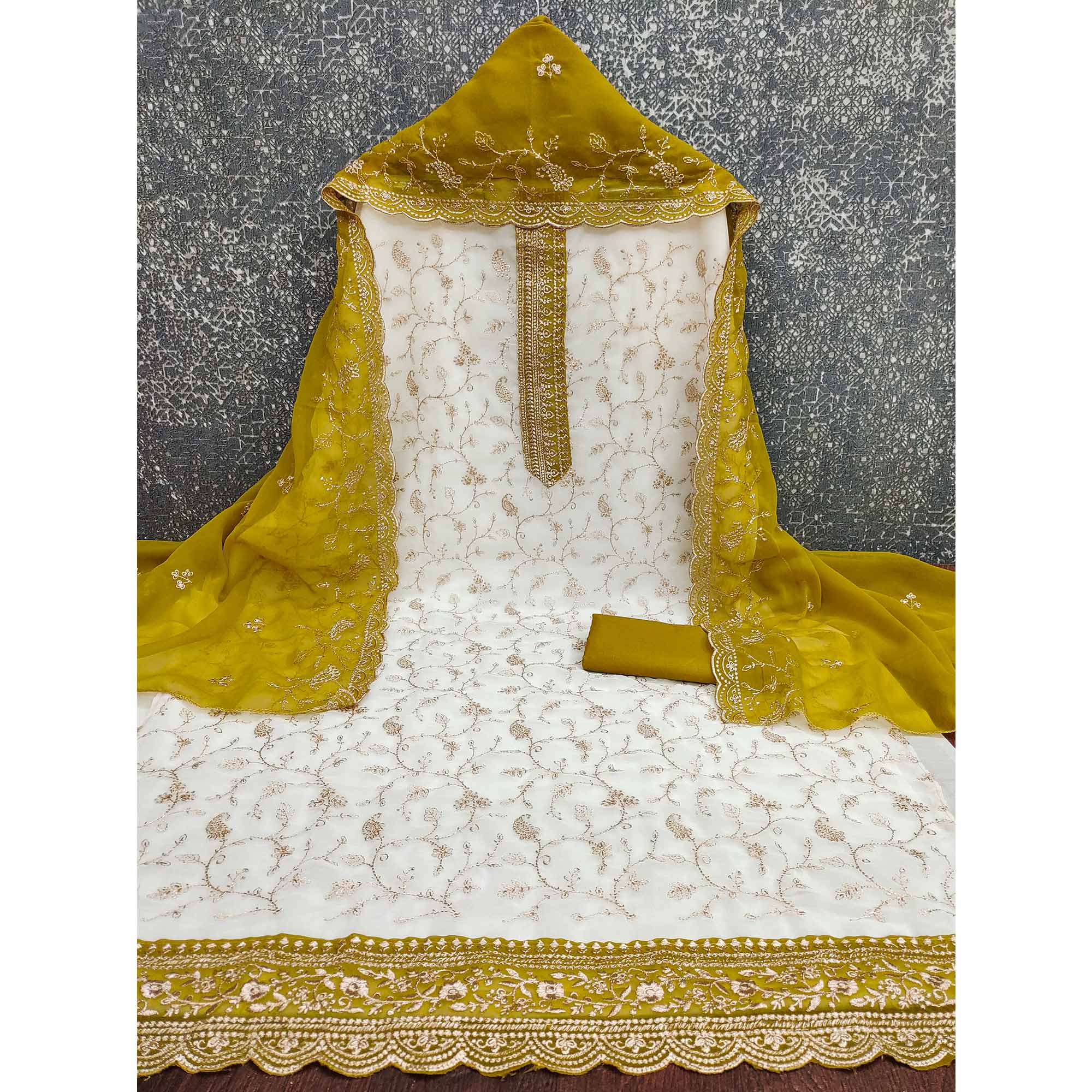 White & Mustard Georgette Dress Material Showcasing Elegant Floral Thread Embroidery Work - Image 3
