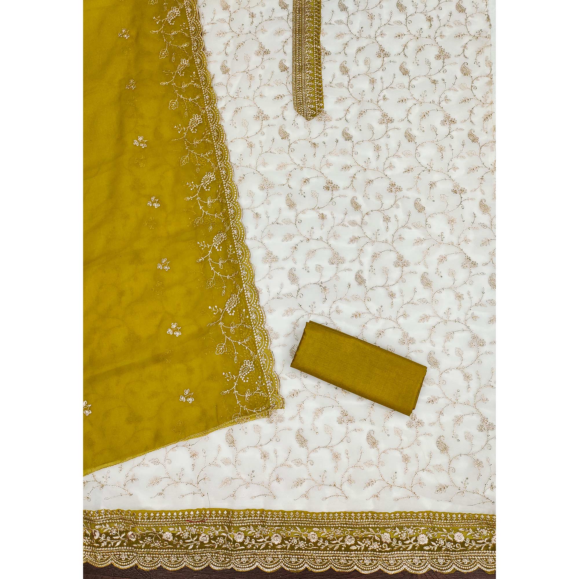 White & Mustard Georgette Dress Material Showcasing Elegant Floral Thread Embroidery Work - Image 4