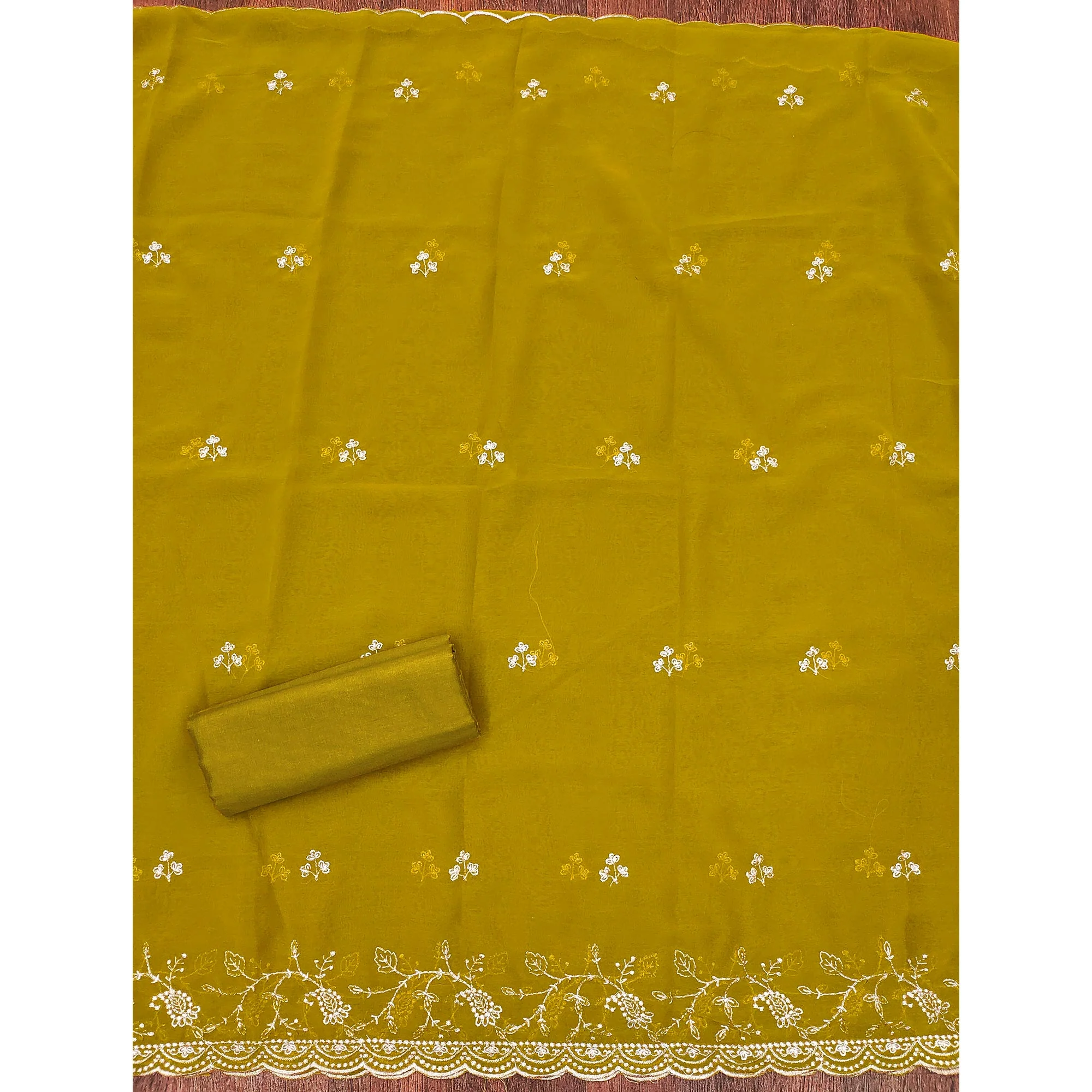 White & Mustard Georgette Dress Material Showcasing Elegant Floral Thread Embroidery Work - Image 5
