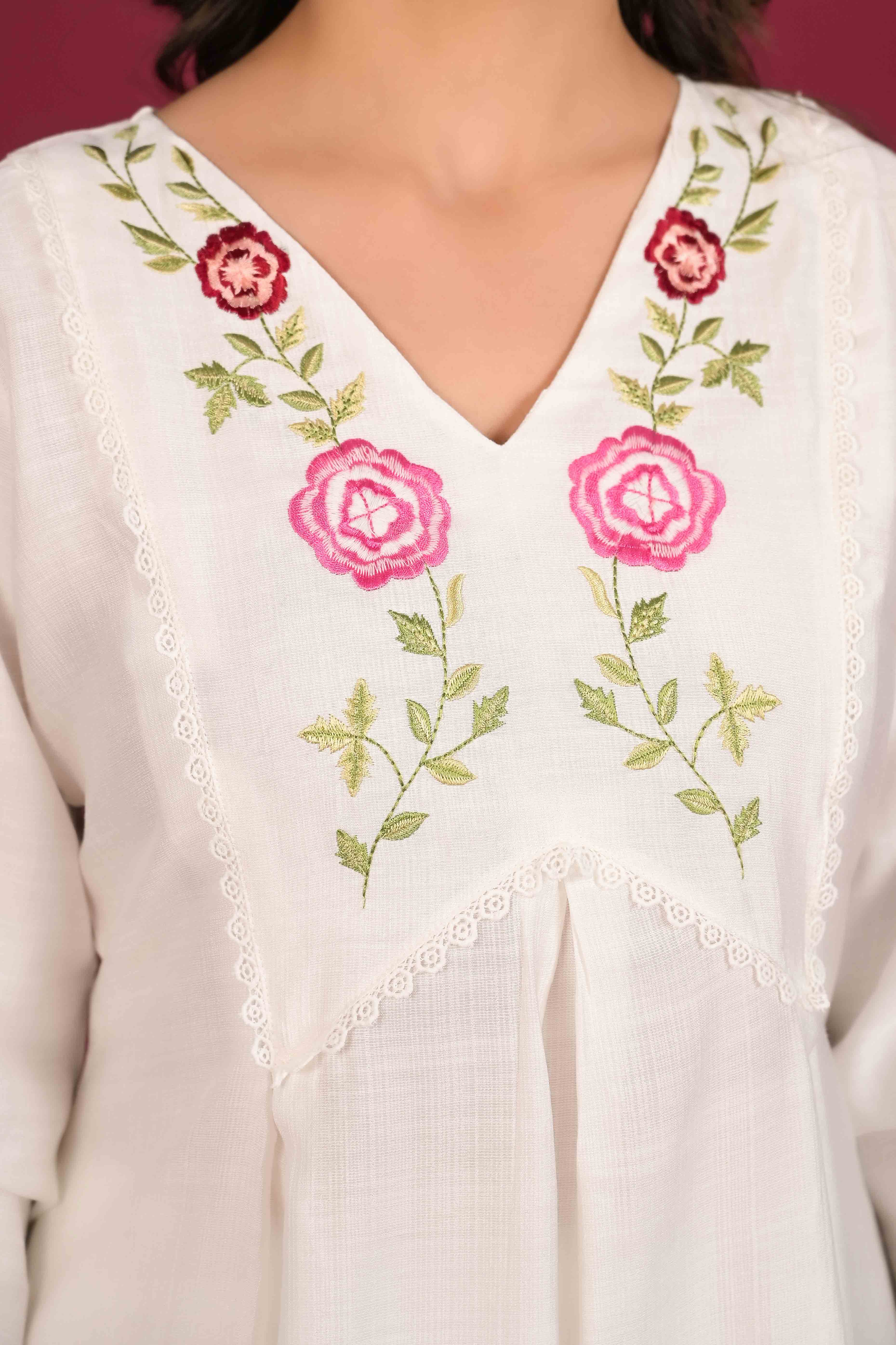 White Neck Embroidered Viscose Top Bottom Set - Image 3