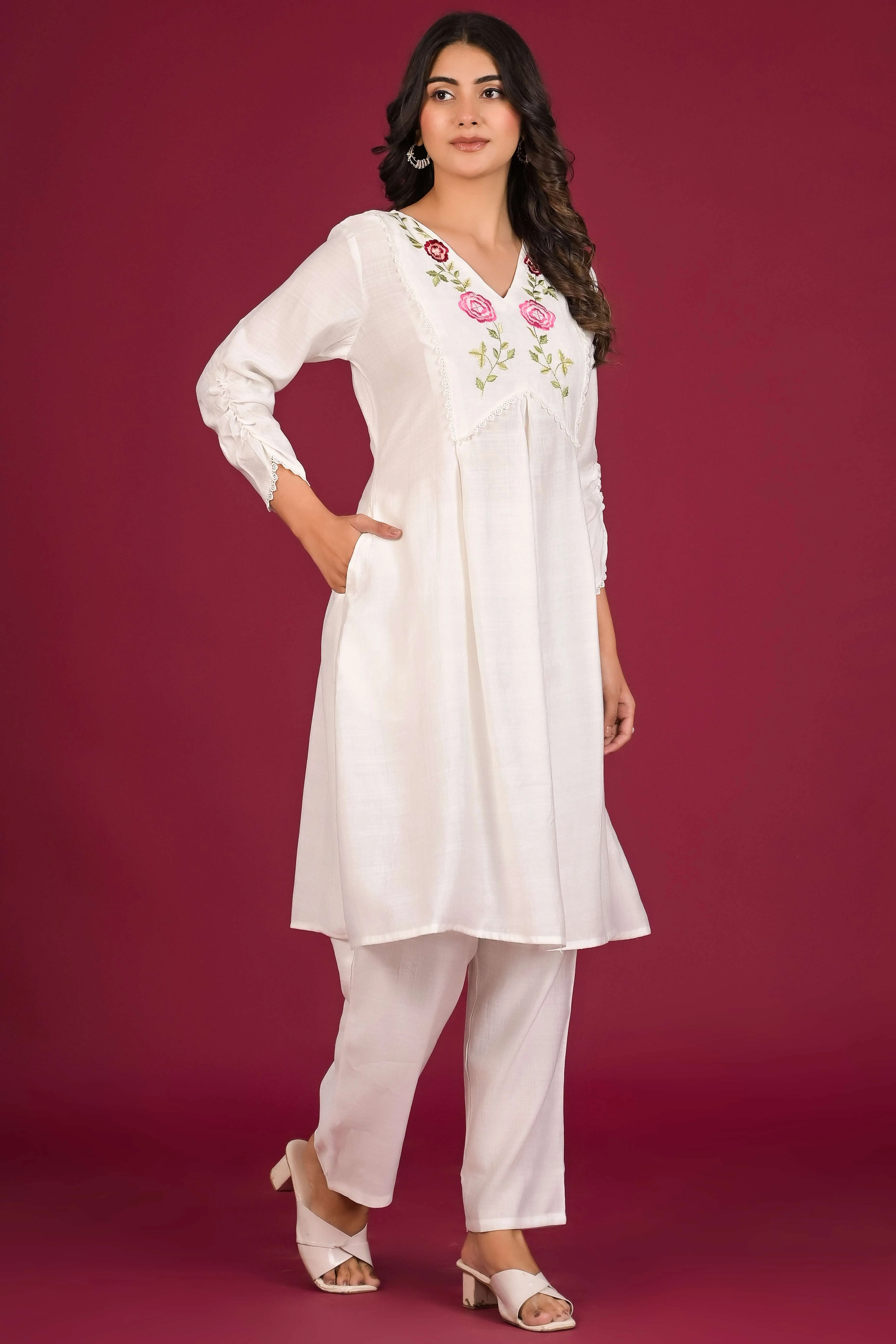 White Neck Embroidered Viscose Top Bottom Set - Image 5