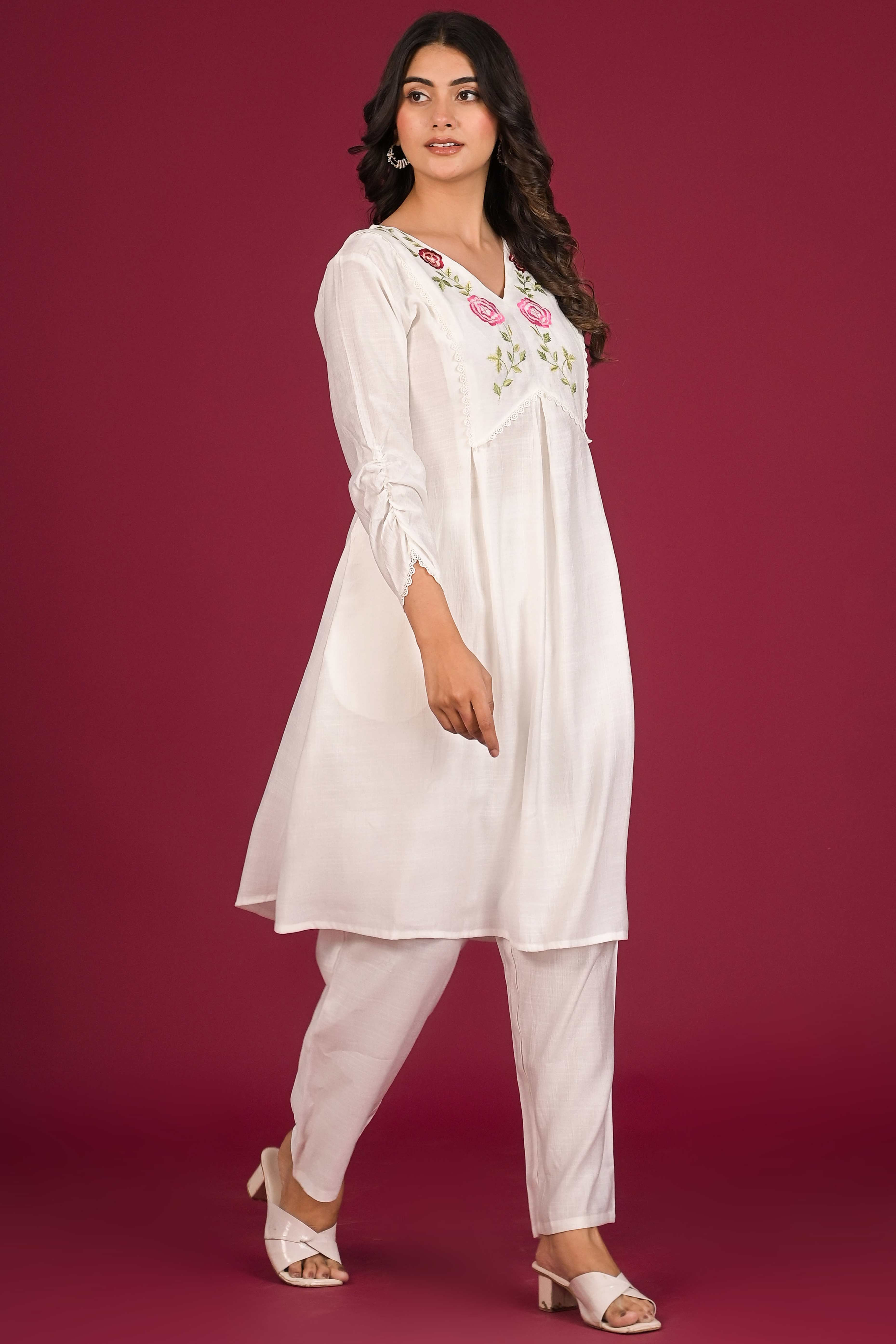White Neck Embroidered Viscose Top Bottom Set - Image 7
