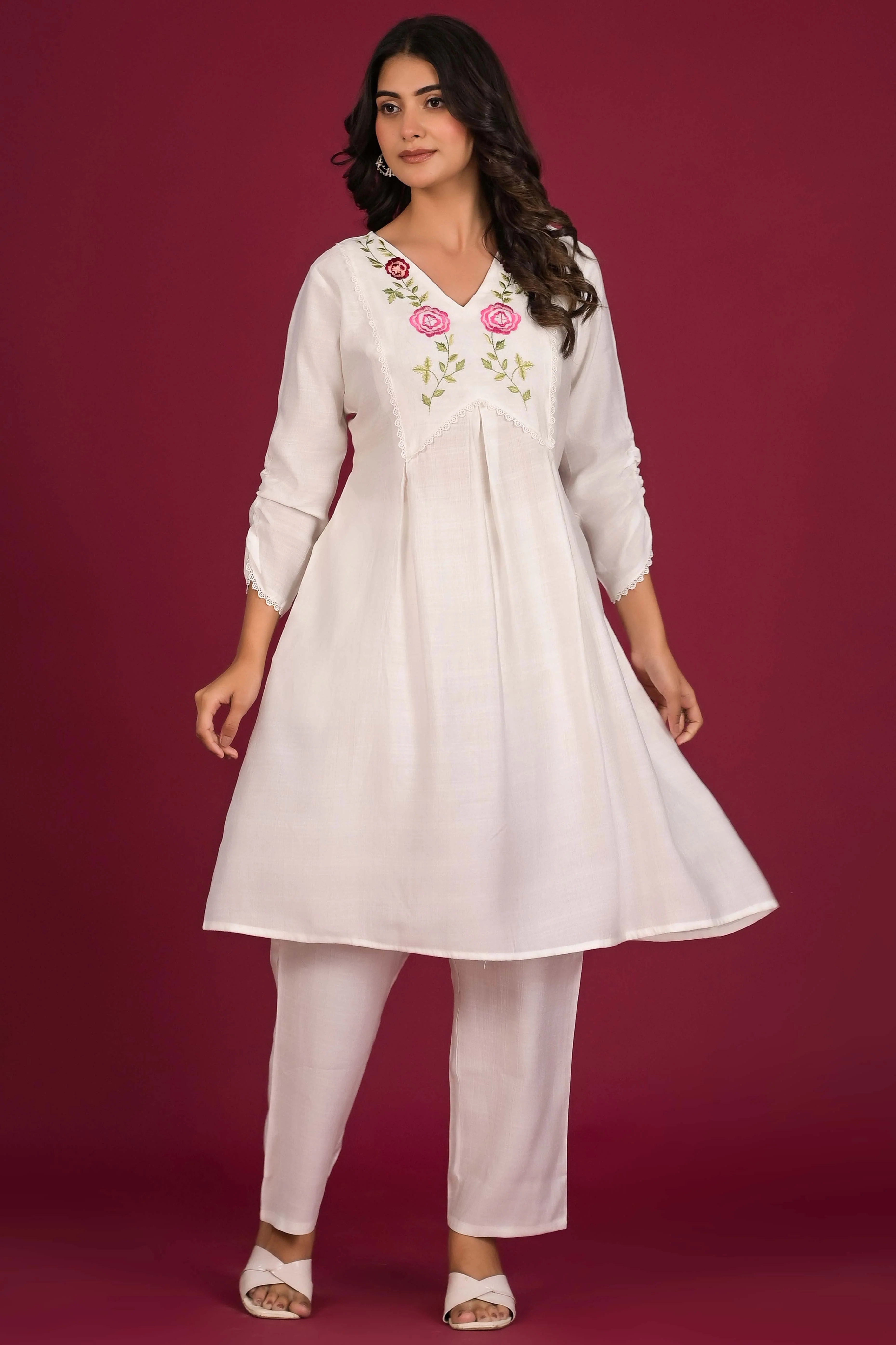 White Neck Embroidered Viscose Top Bottom Set - Image 8