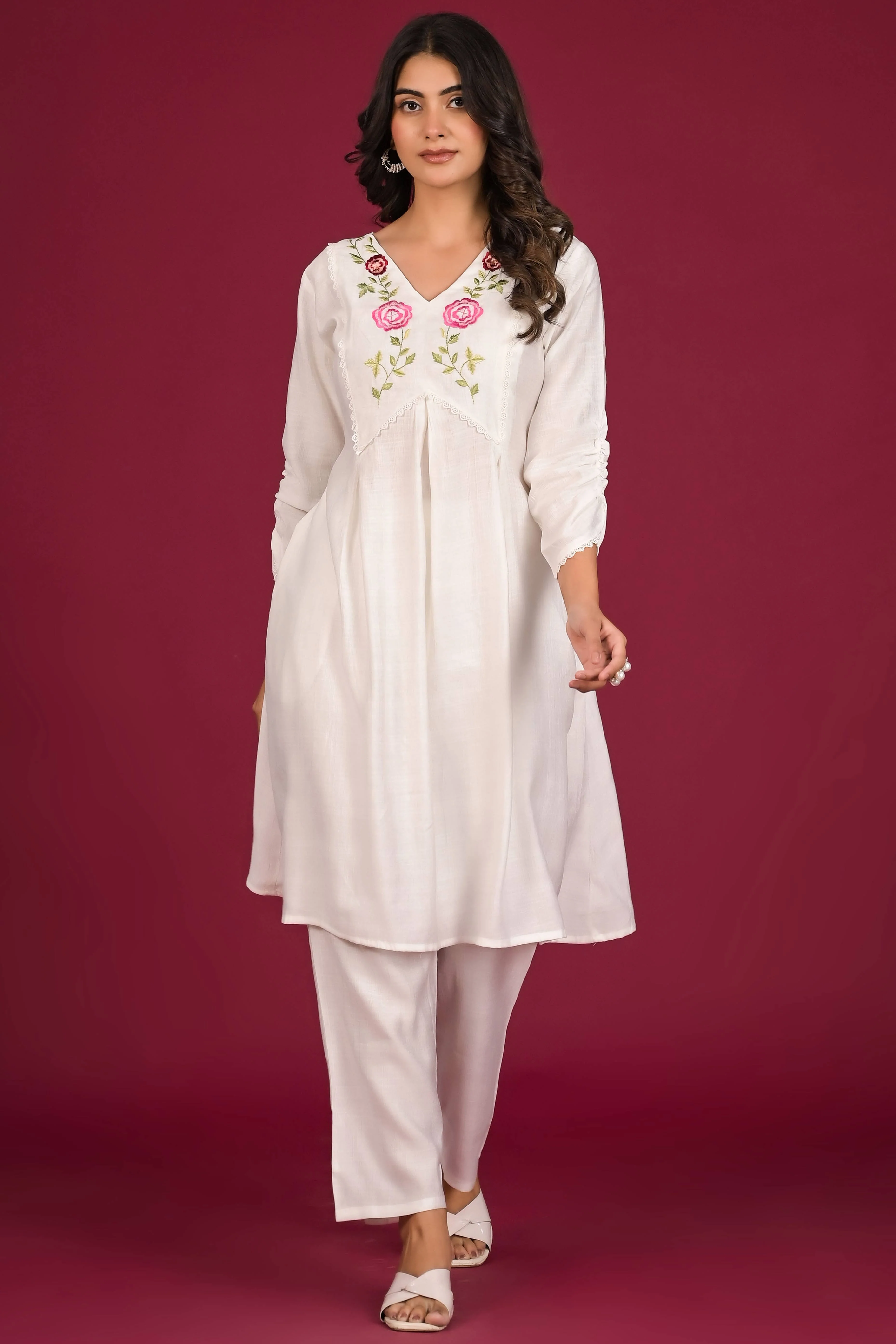 White Neck Embroidered Viscose Top Bottom Set - Image 9