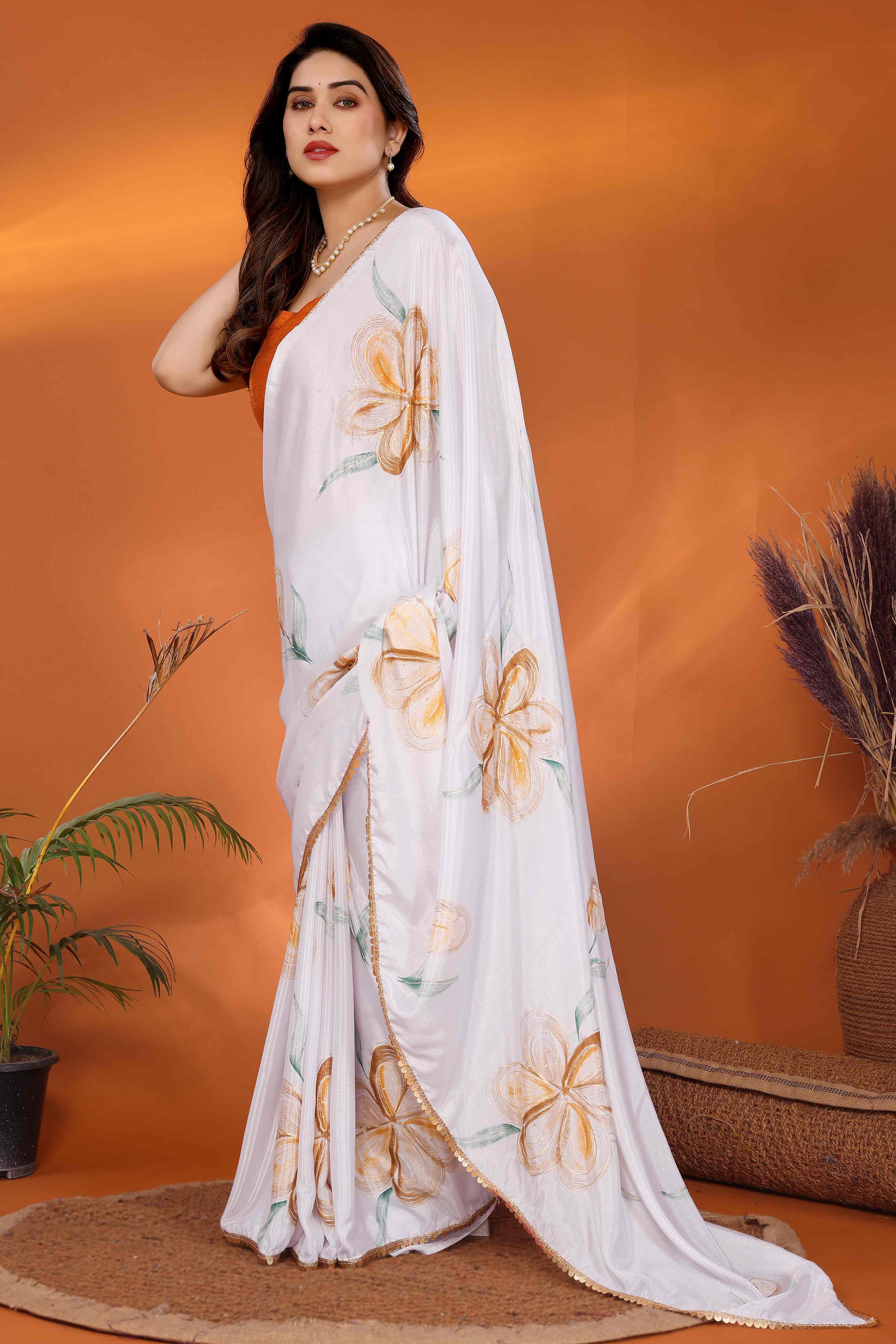 White & Orange Floral Printed Chiffon Saree - Image 4