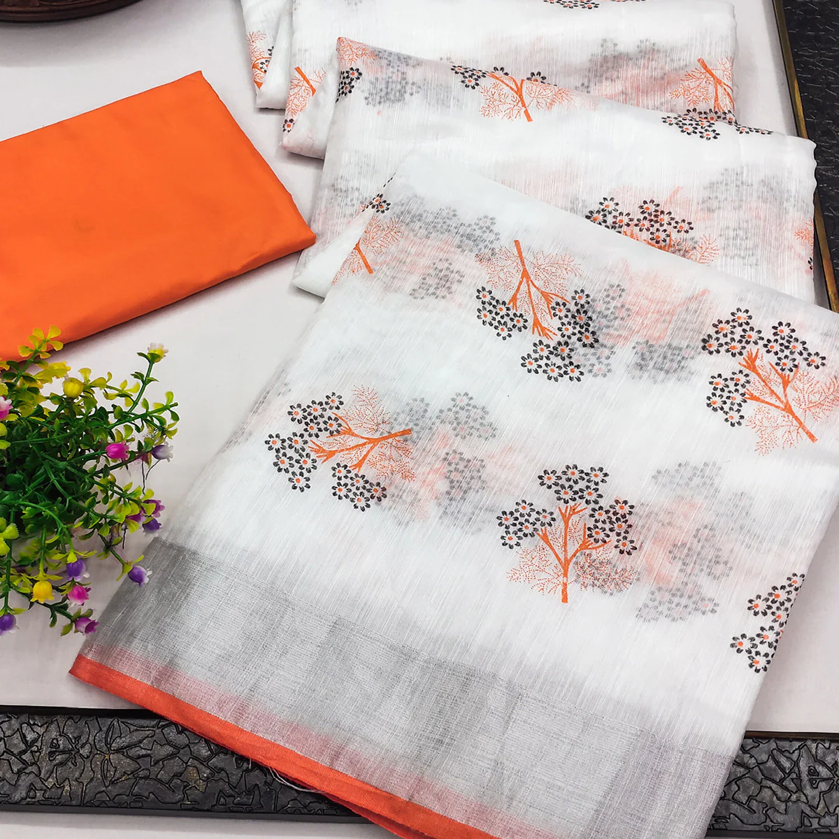 White & Orange Floral Printed Linen Saree - Image 2