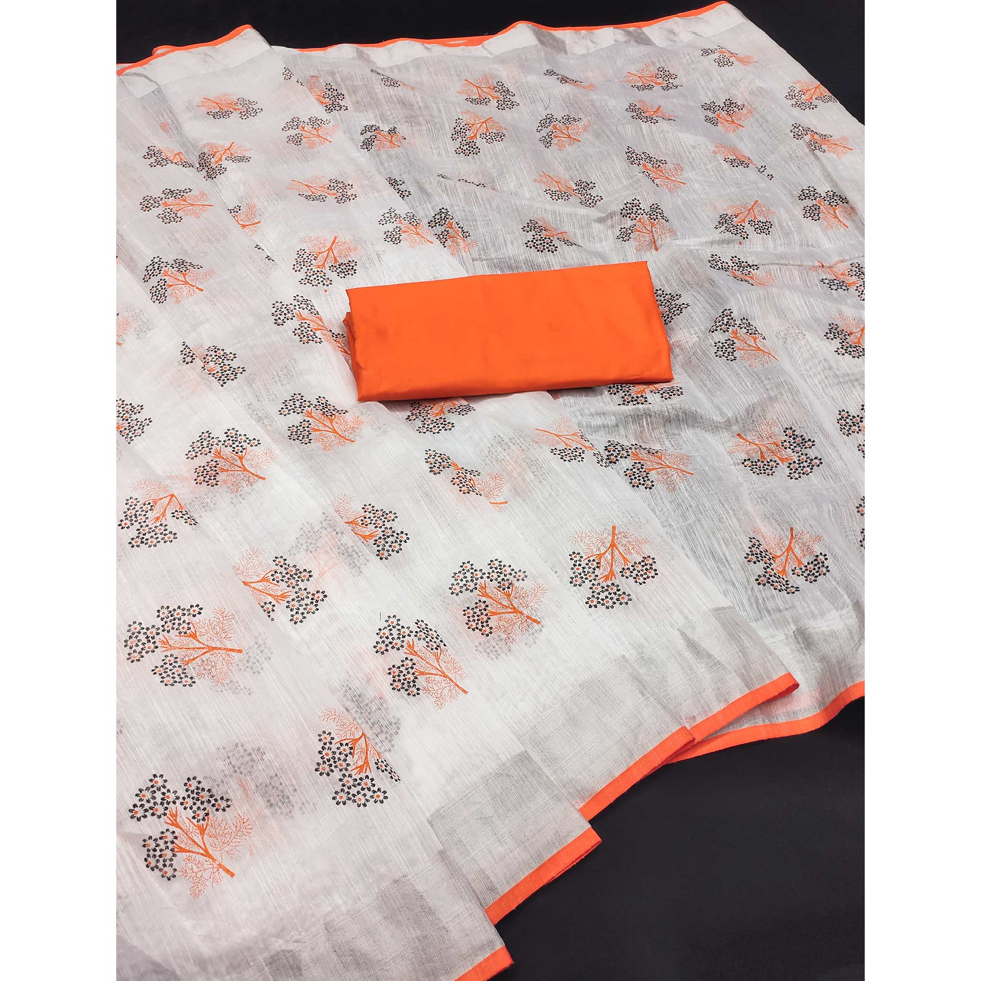 White & Orange Floral Printed Linen Saree - Image 3