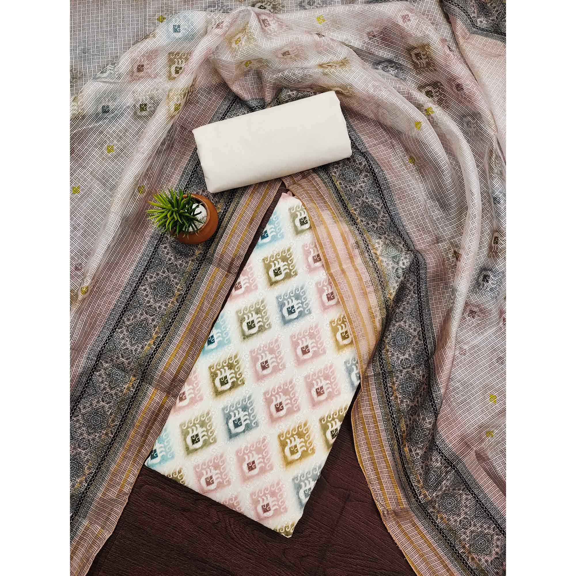 White & Pale Dusty Peach Dress Material In Cotton Blend With Delicate Digital Print & Sifli Embroidery Work - Image 3