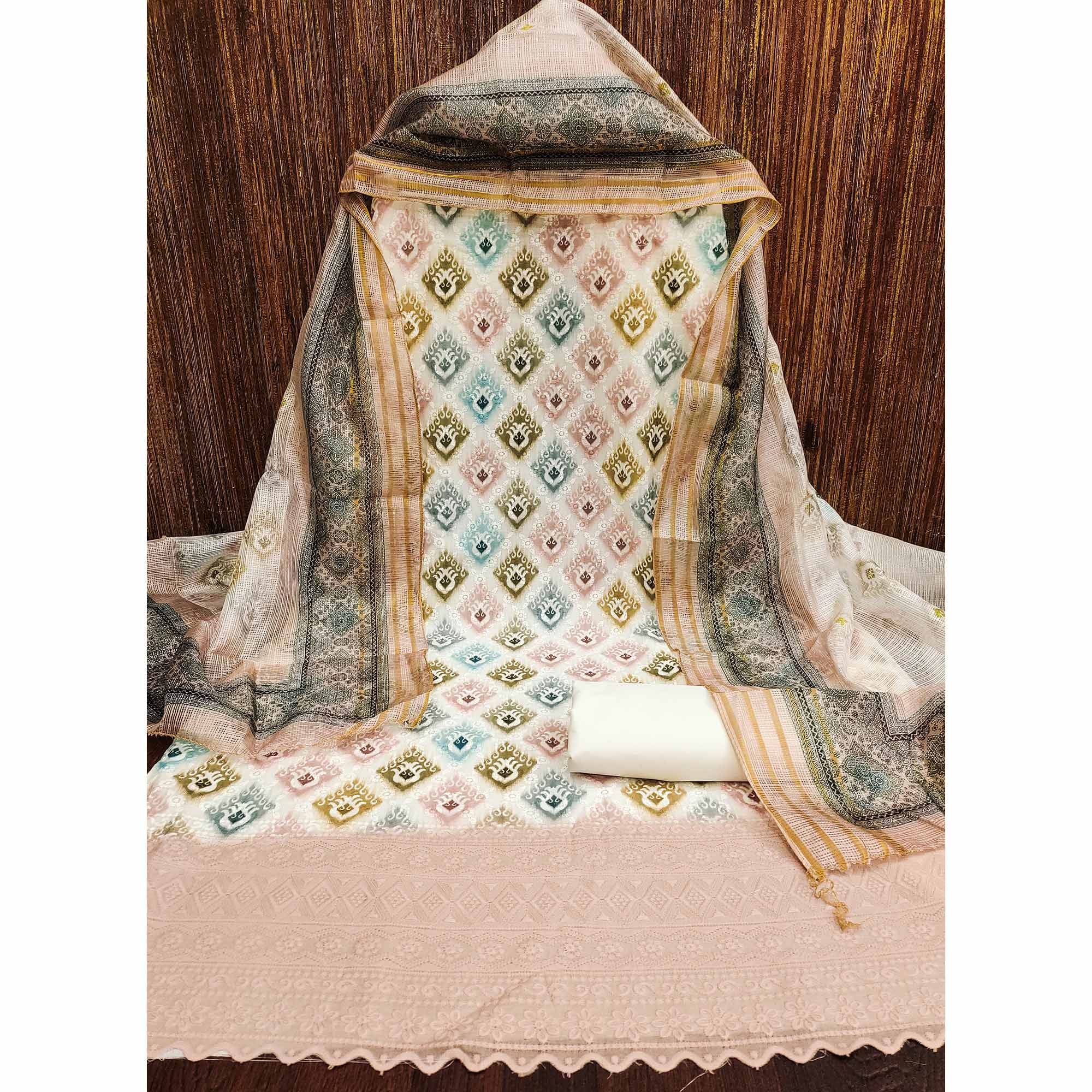 White & Pale Dusty Peach Dress Material In Cotton Blend With Delicate Digital Print & Sifli Embroidery Work - Image 4