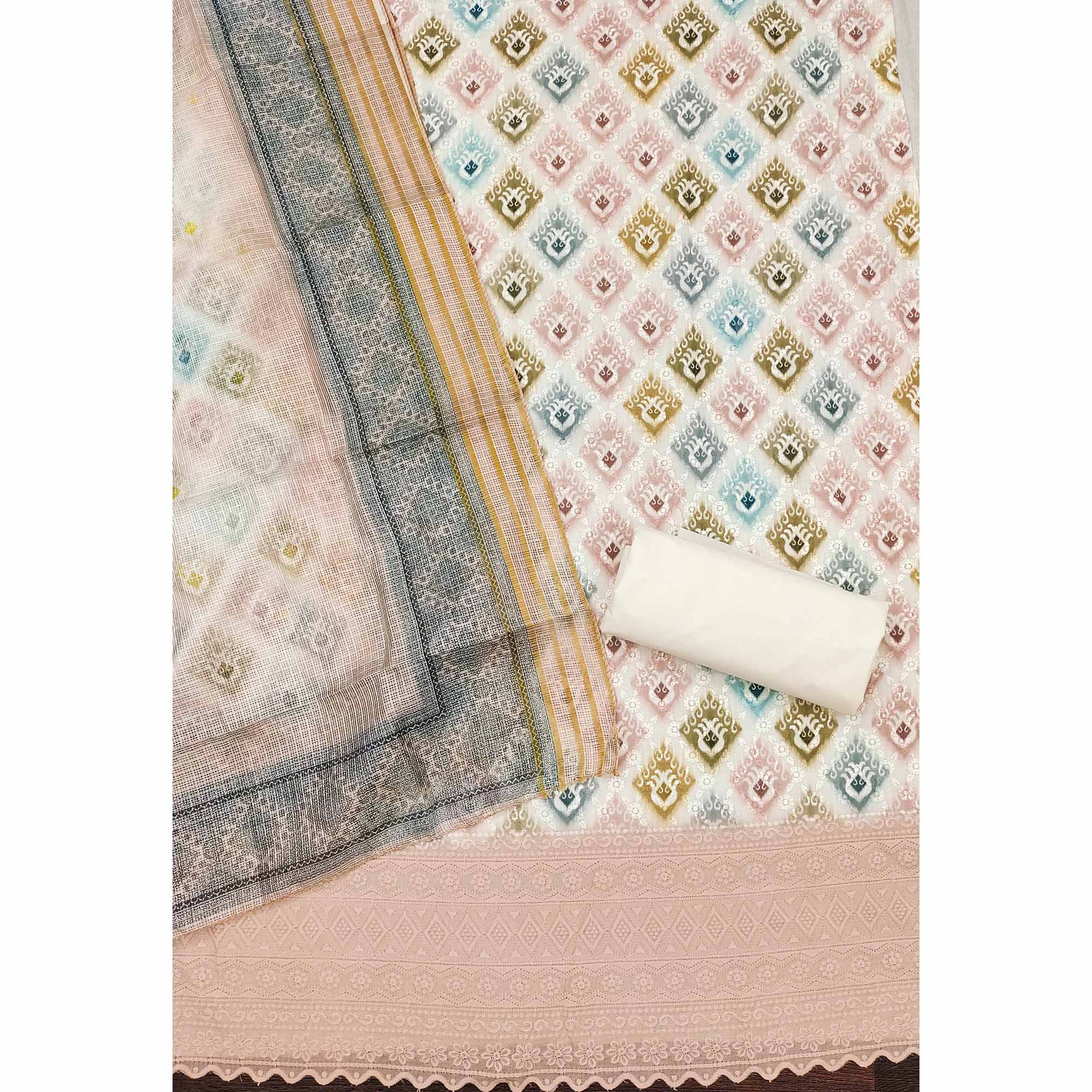 White & Pale Dusty Peach Dress Material In Cotton Blend With Delicate Digital Print & Sifli Embroidery Work - Image 5