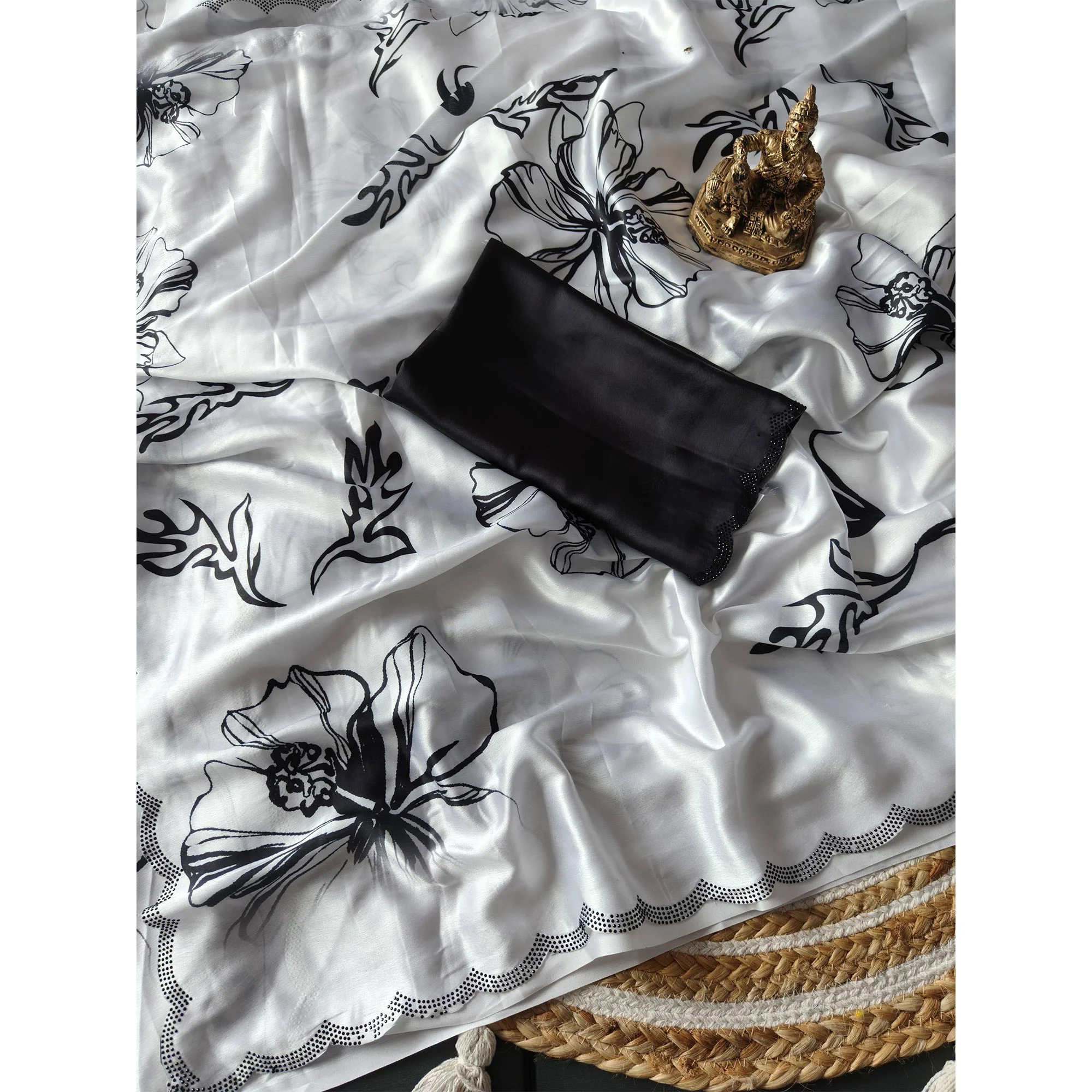 White Partywear Saree with Vibrant Floral Designs in Carbon Crepe - Image 4