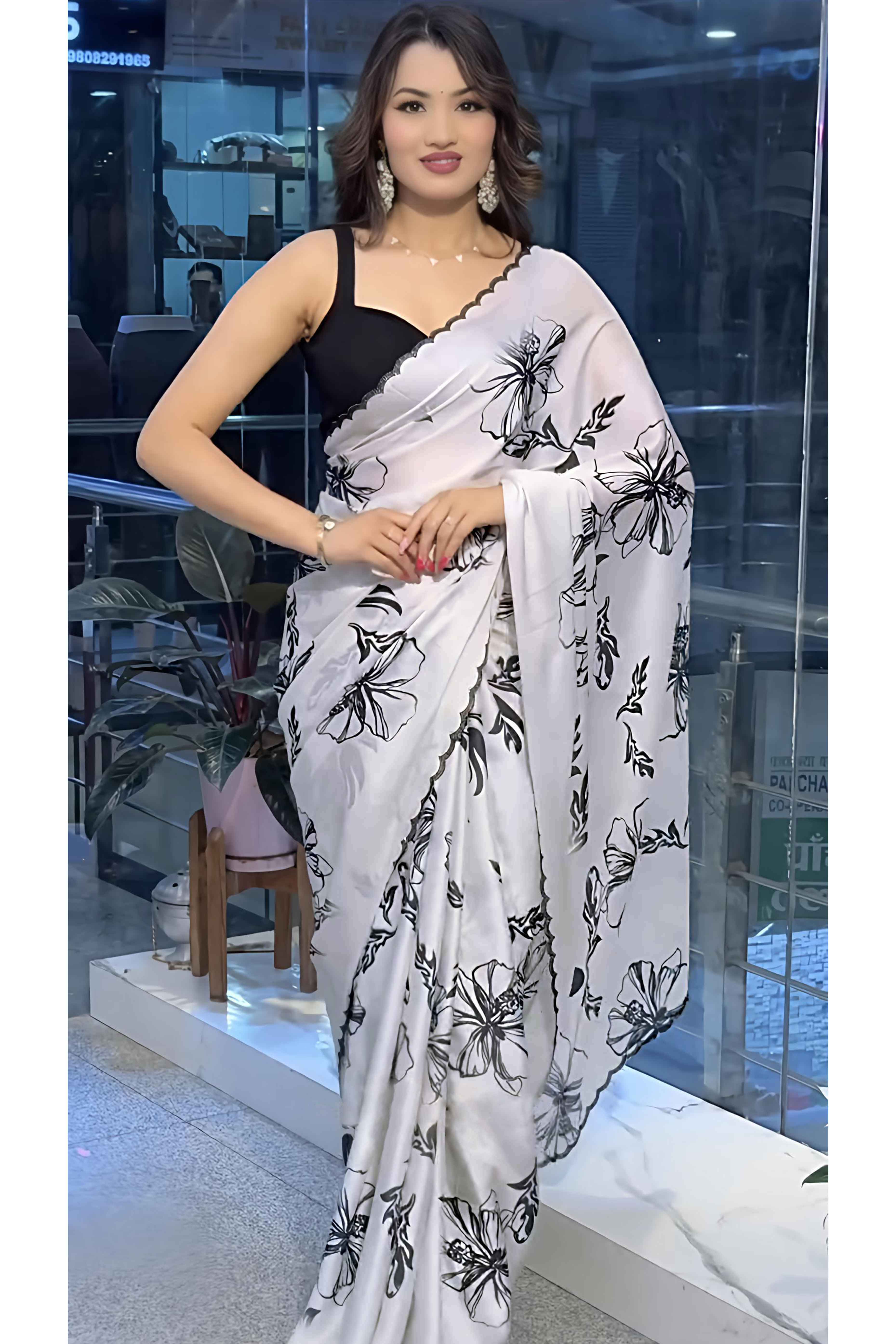 White Partywear Saree with Vibrant Floral Designs in Carbon Crepe - Image 5