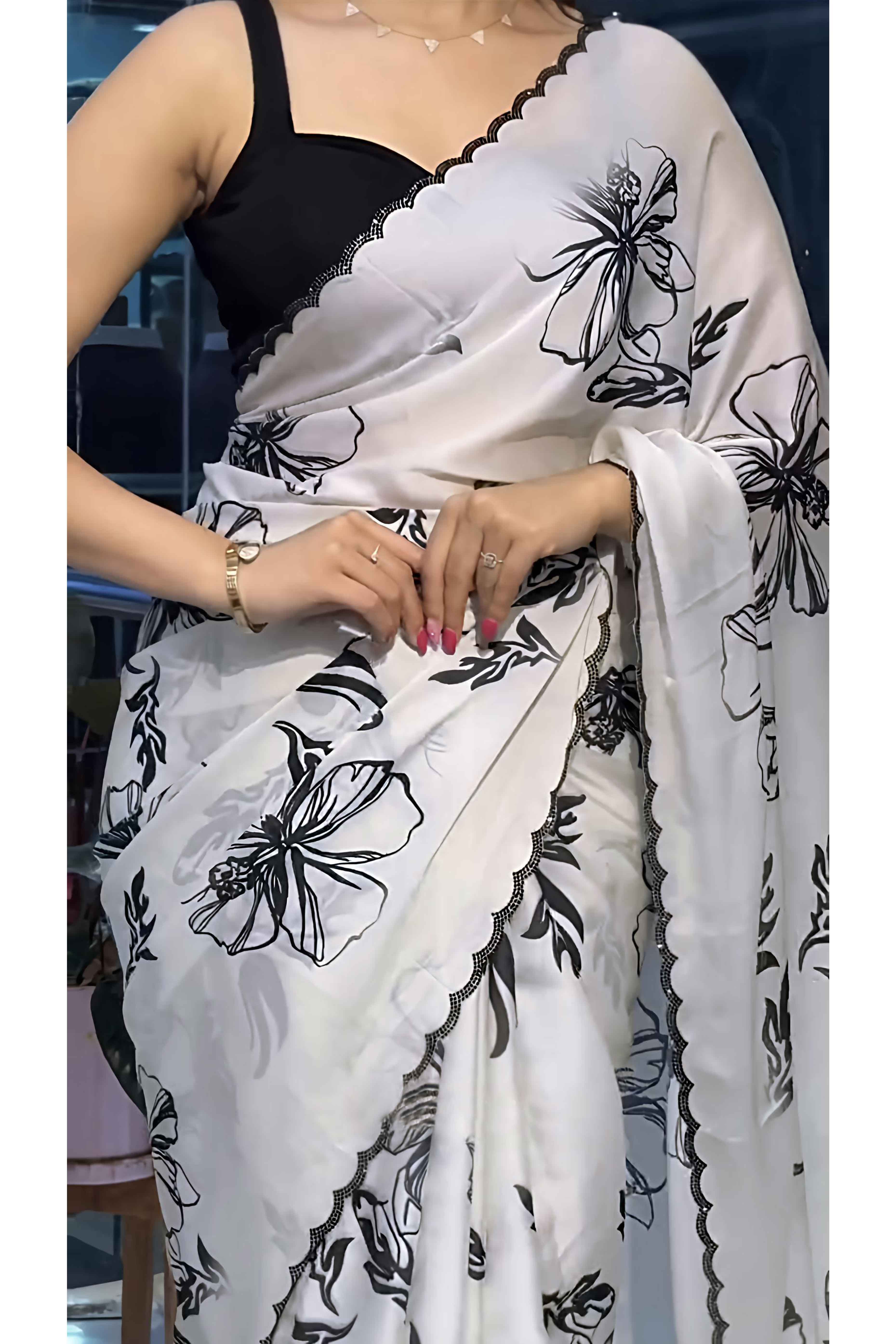 White Partywear Saree with Vibrant Floral Designs in Carbon Crepe - Image 6