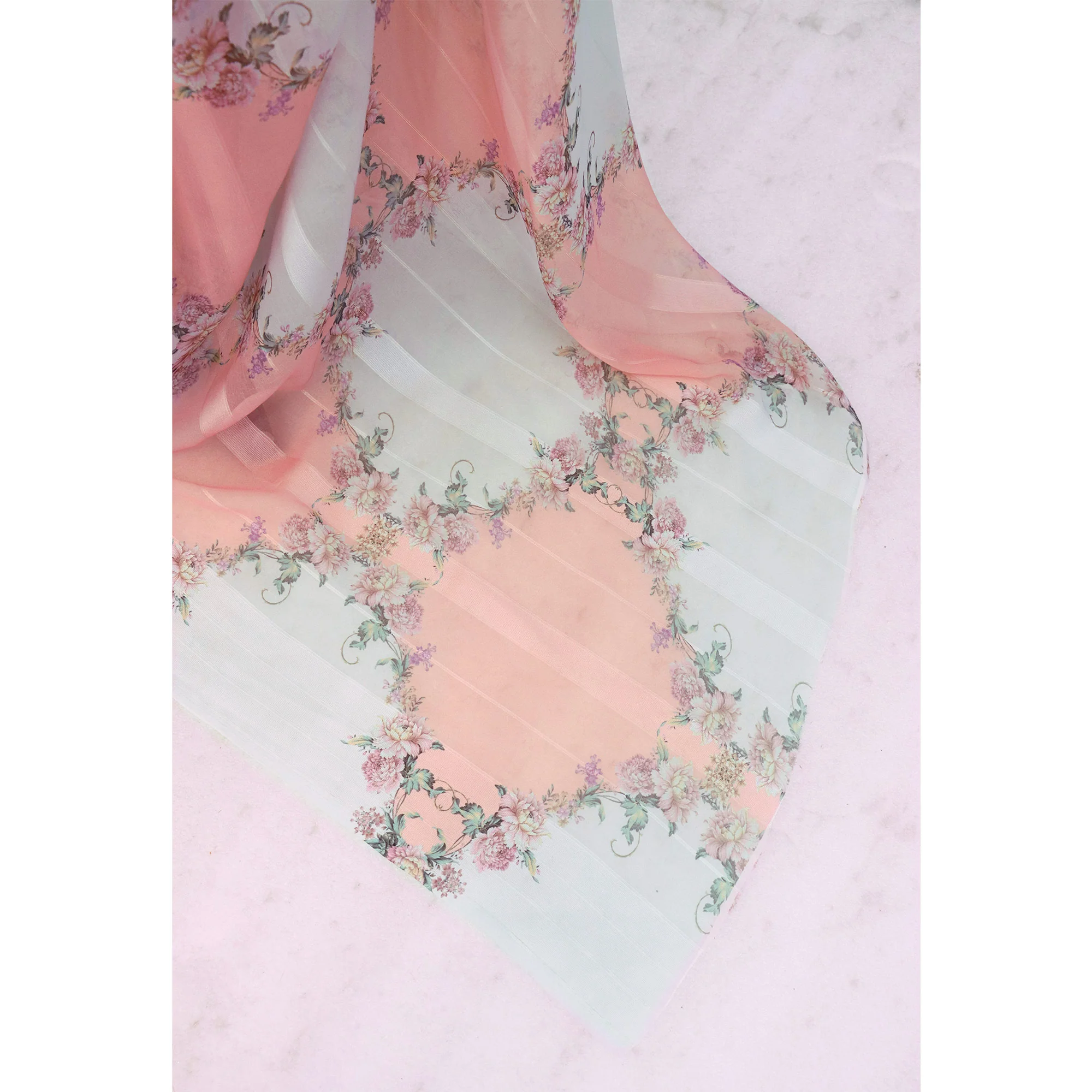 White & Peach Bloom Floral Digital Printed Georgette Saree Accentuated With Graceful Zari Stripes - Image 5