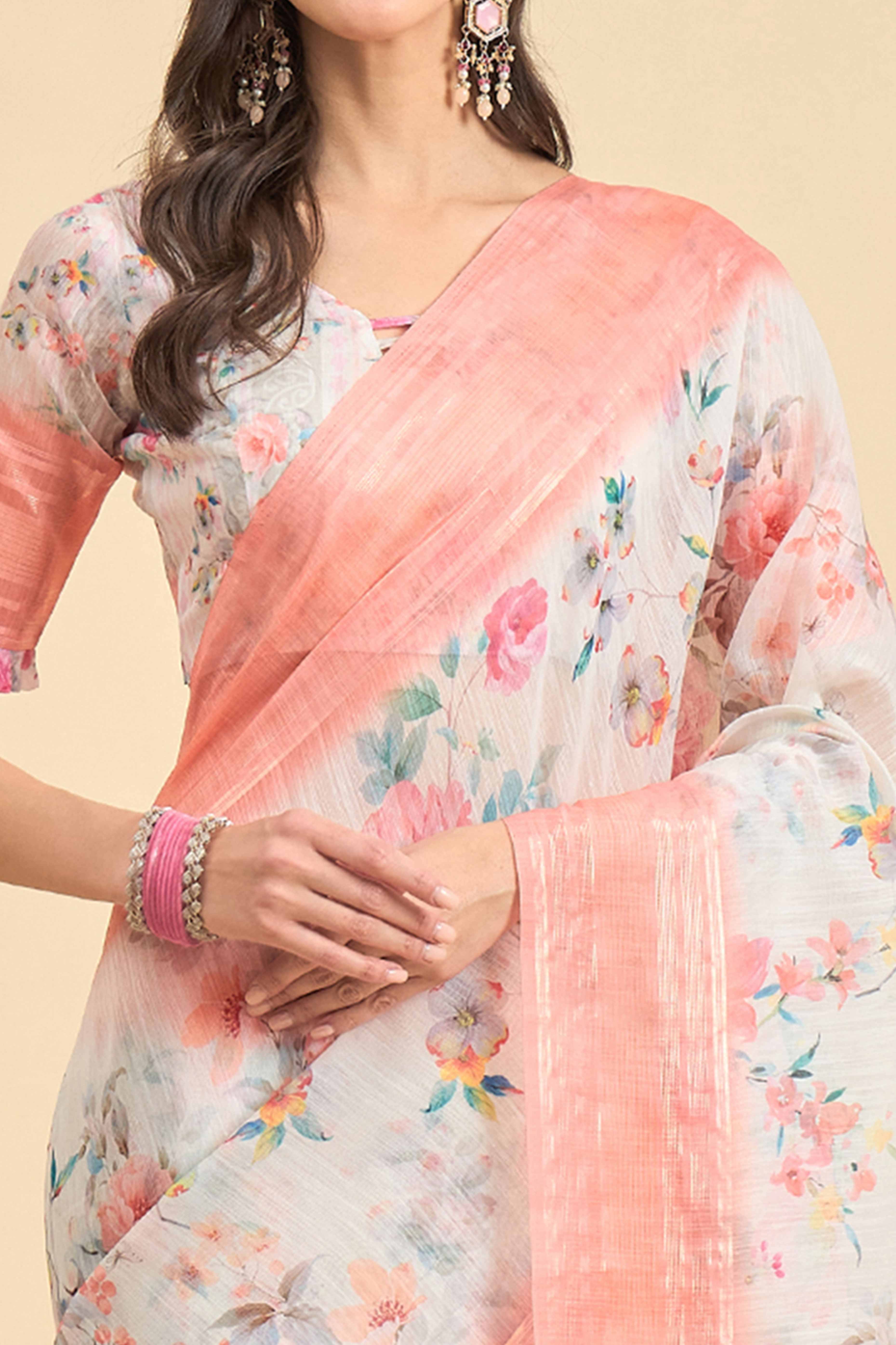 White & Peach Floral Printed Soft Linen Saree - Image 2