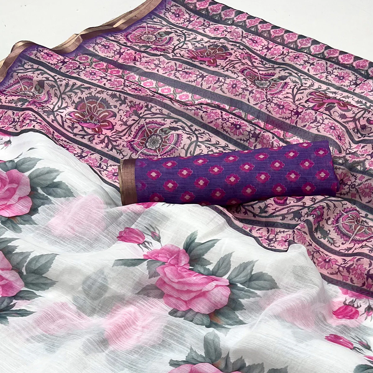 White & Pink Floral Digital Printed Linen Saree With Zari Border - Image 2