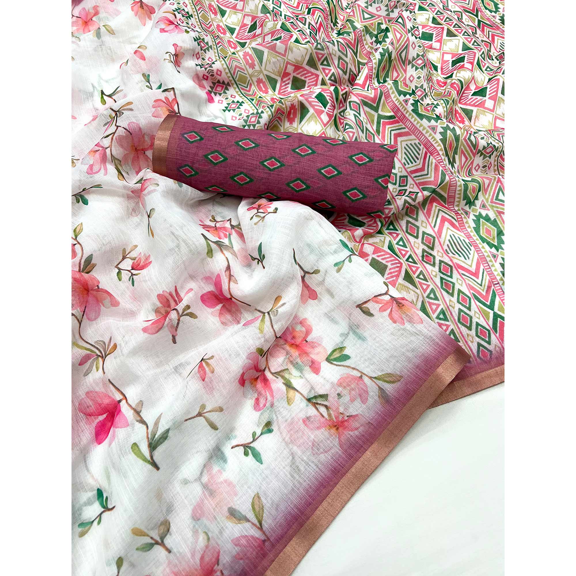 White & Pink Floral Digital Printed Linen Saree With Zari Border - Image 3