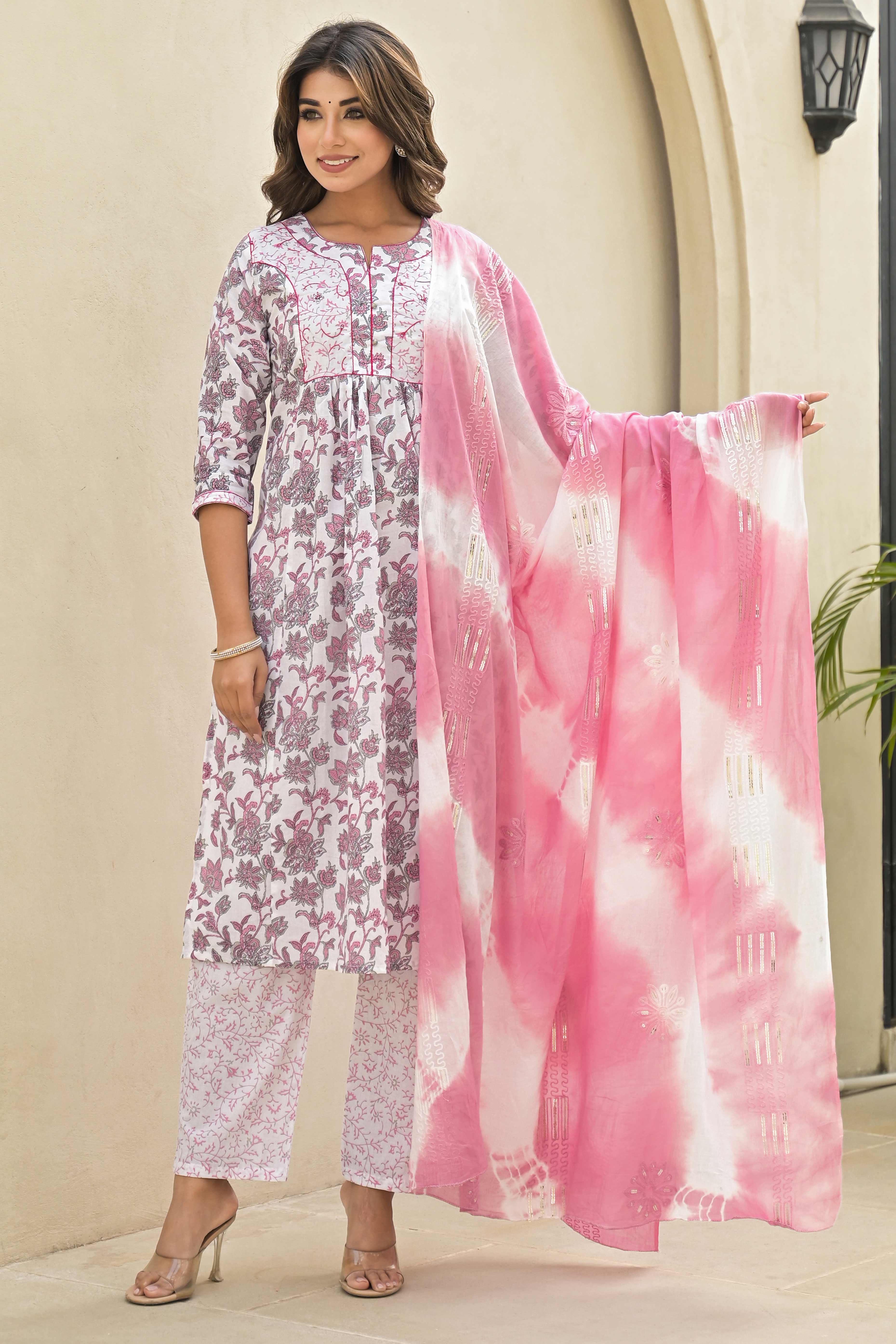 White & Pink Floral Printed Pure Cotton Naira Cut Salwar Suit - Image 4