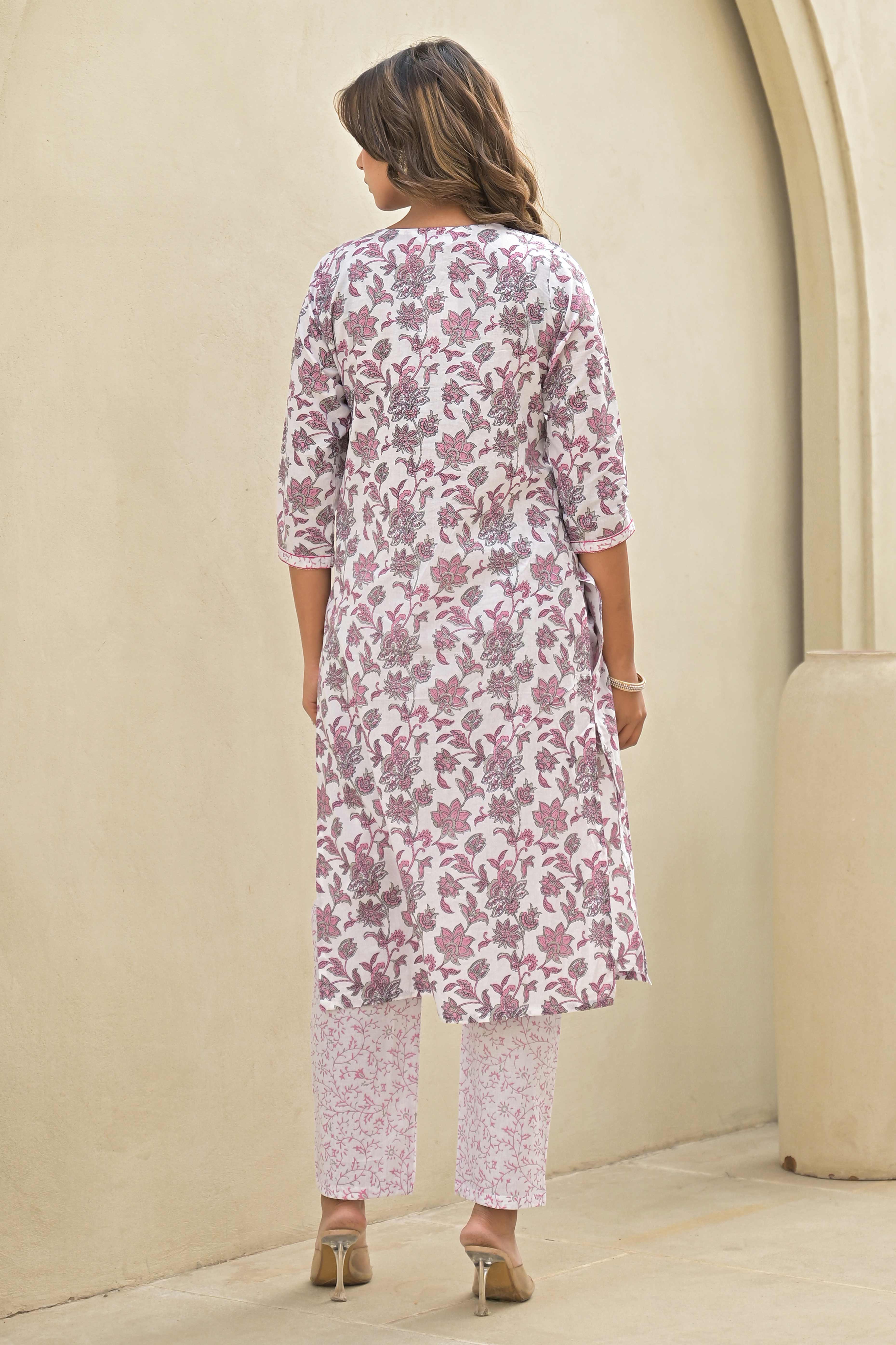 White & Pink Floral Printed Pure Cotton Naira Cut Salwar Suit - Image 6