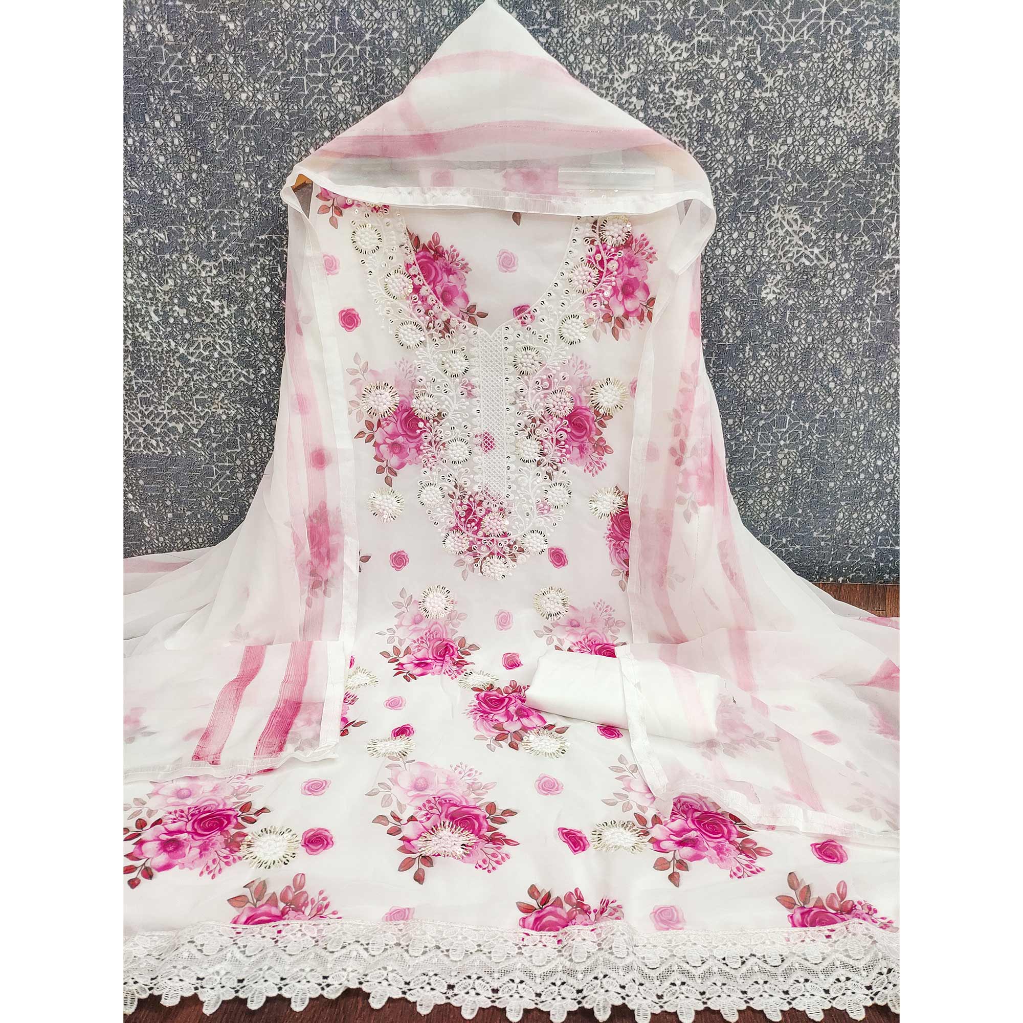 White & Pink Floral Sequins Embroidered Georgette Dress Material With Artistic Digital Prints - Image 4