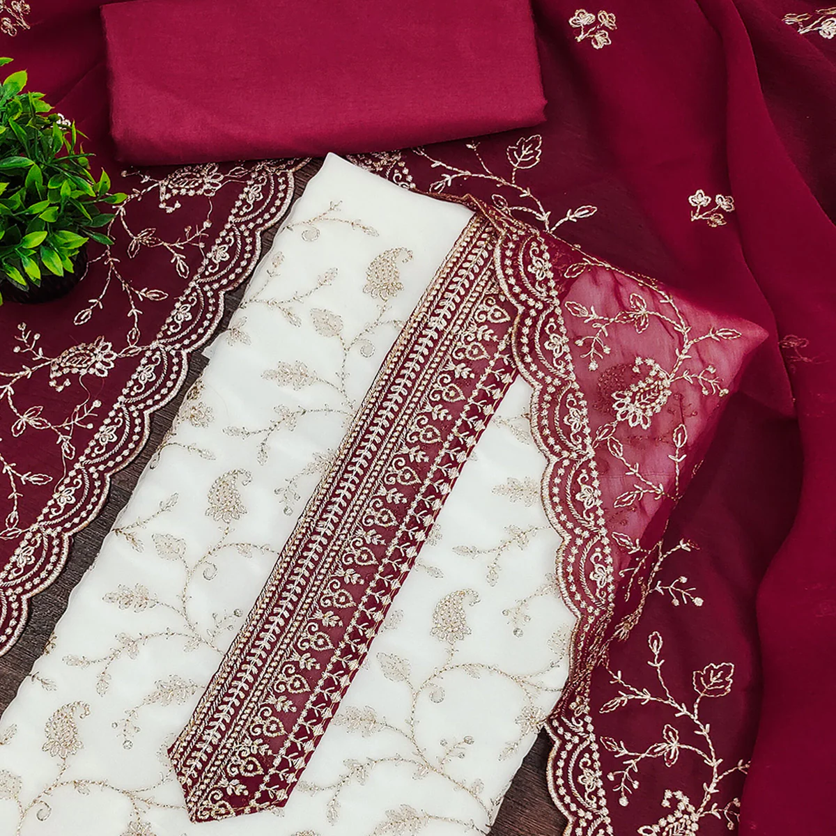 White & Pink Georgette Dress Material Showcasing Elegant Floral Thread Embroidery Work - Image 2