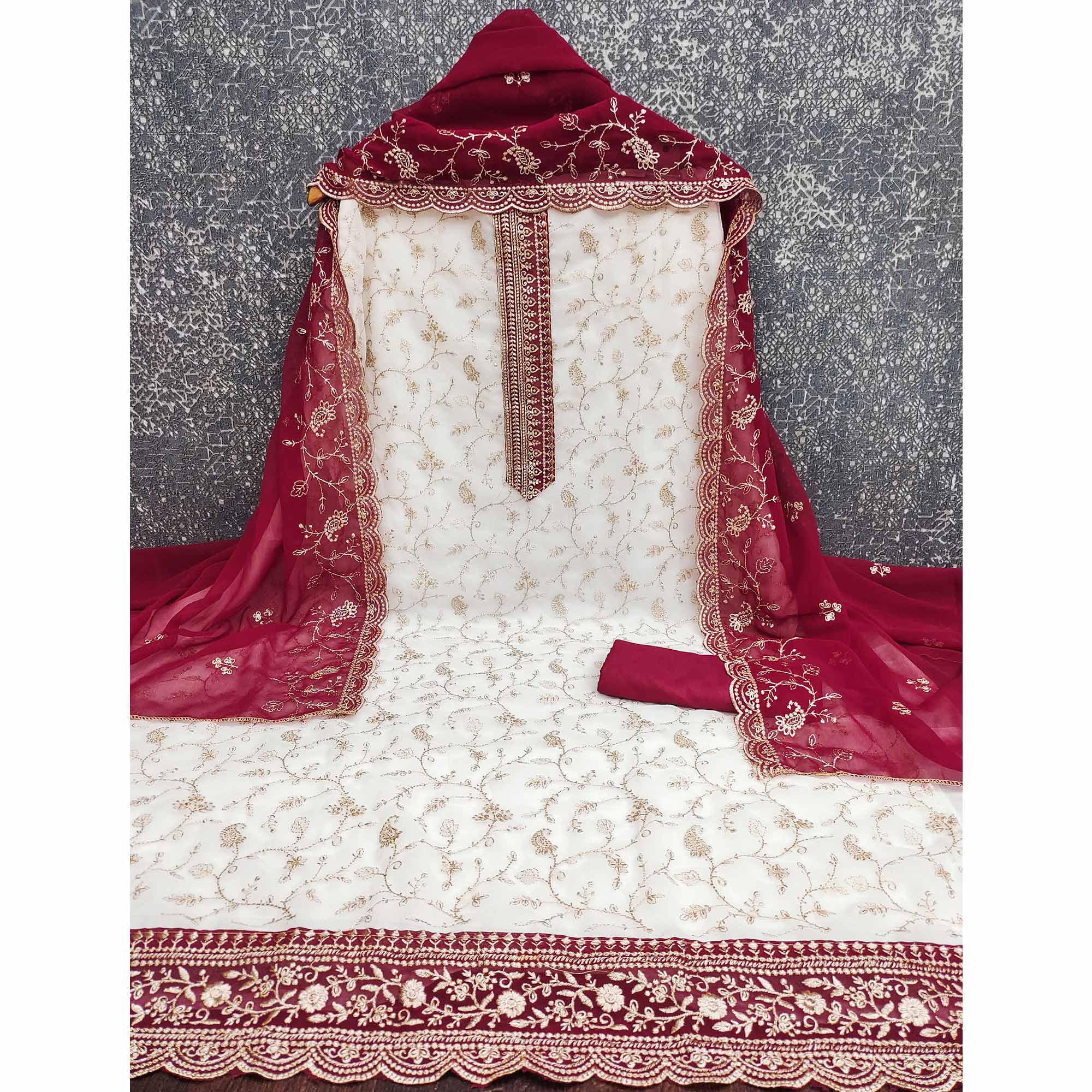 White & Pink Georgette Dress Material Showcasing Elegant Floral Thread Embroidery Work - Image 3