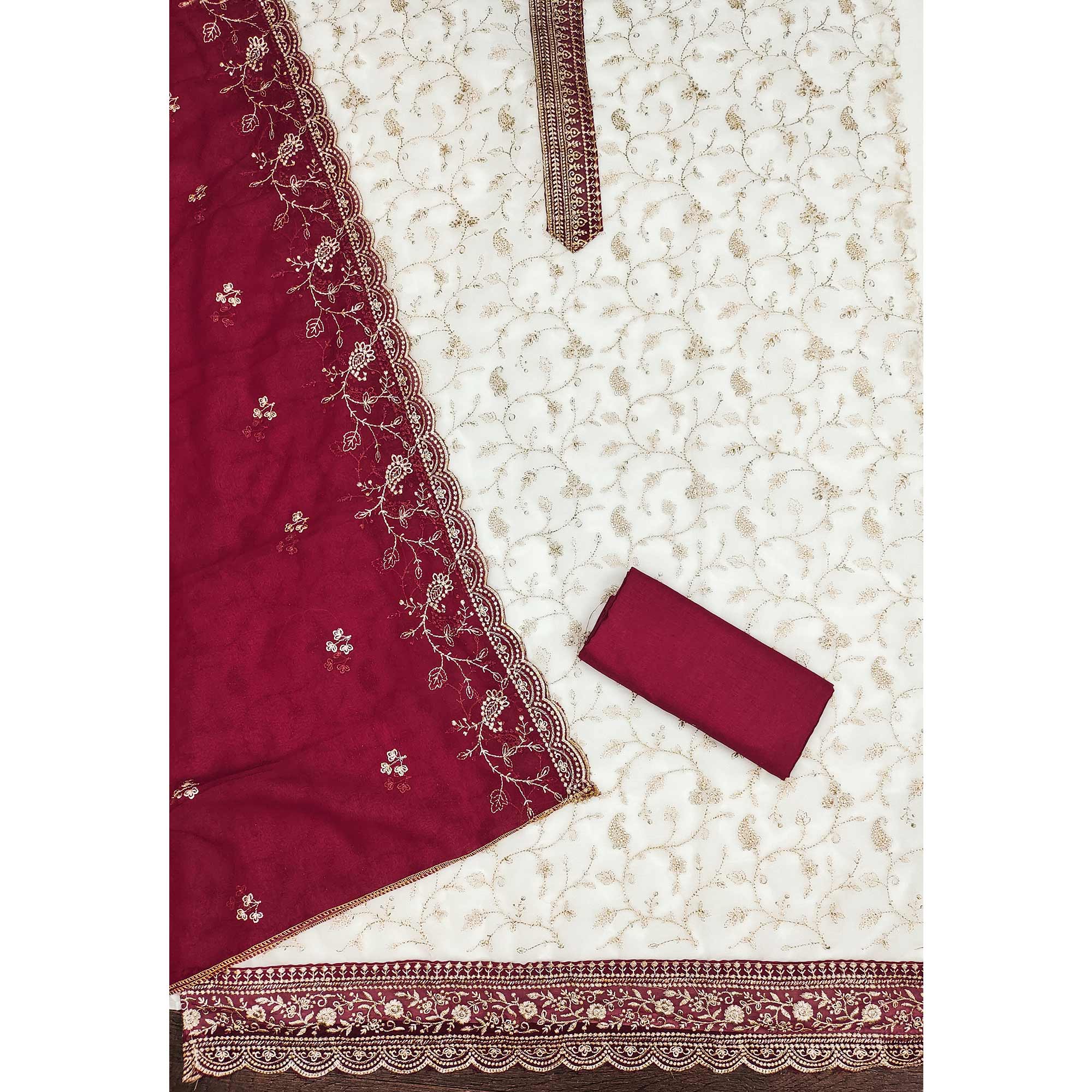 White & Pink Georgette Dress Material Showcasing Elegant Floral Thread Embroidery Work - Image 4