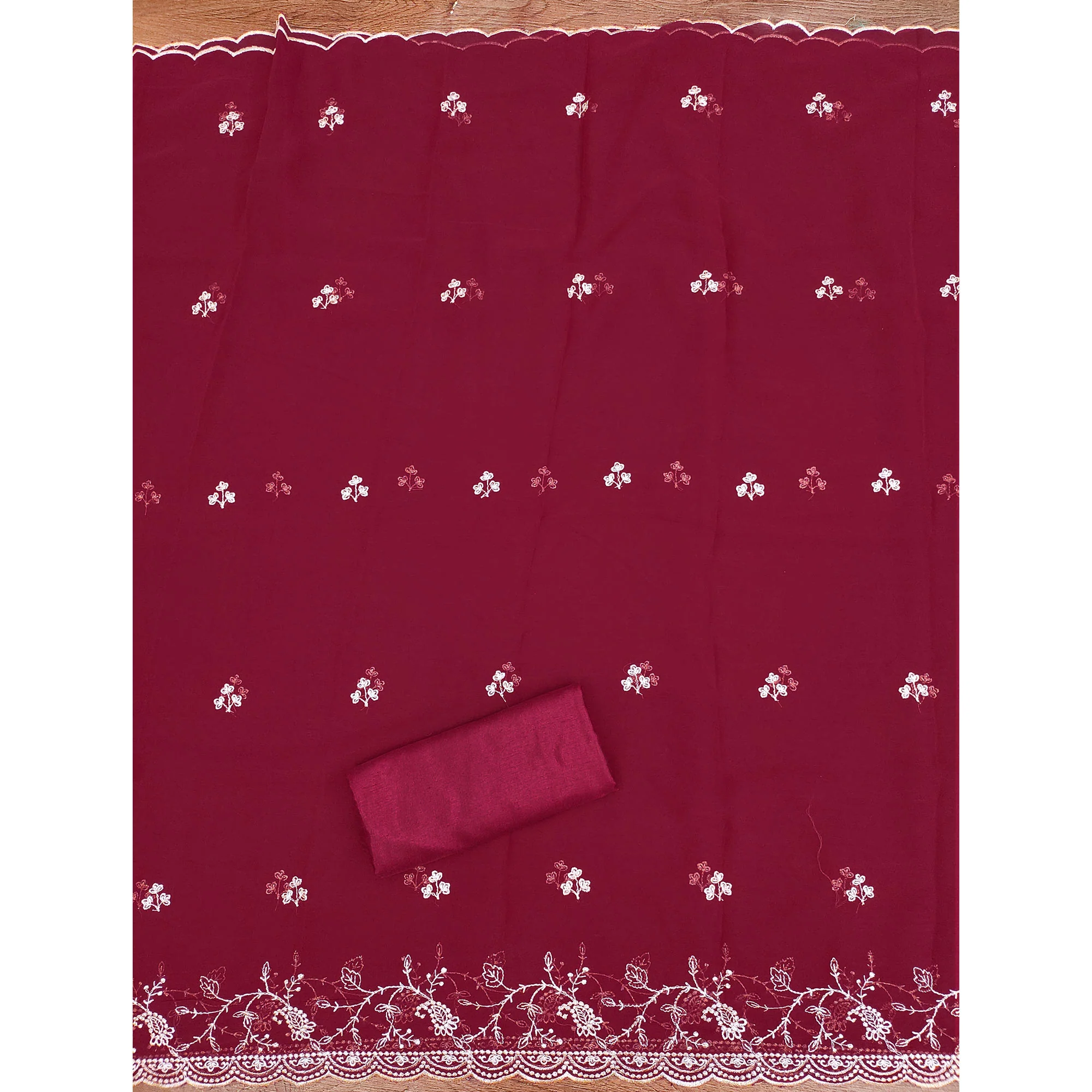 White & Pink Georgette Dress Material Showcasing Elegant Floral Thread Embroidery Work - Image 5